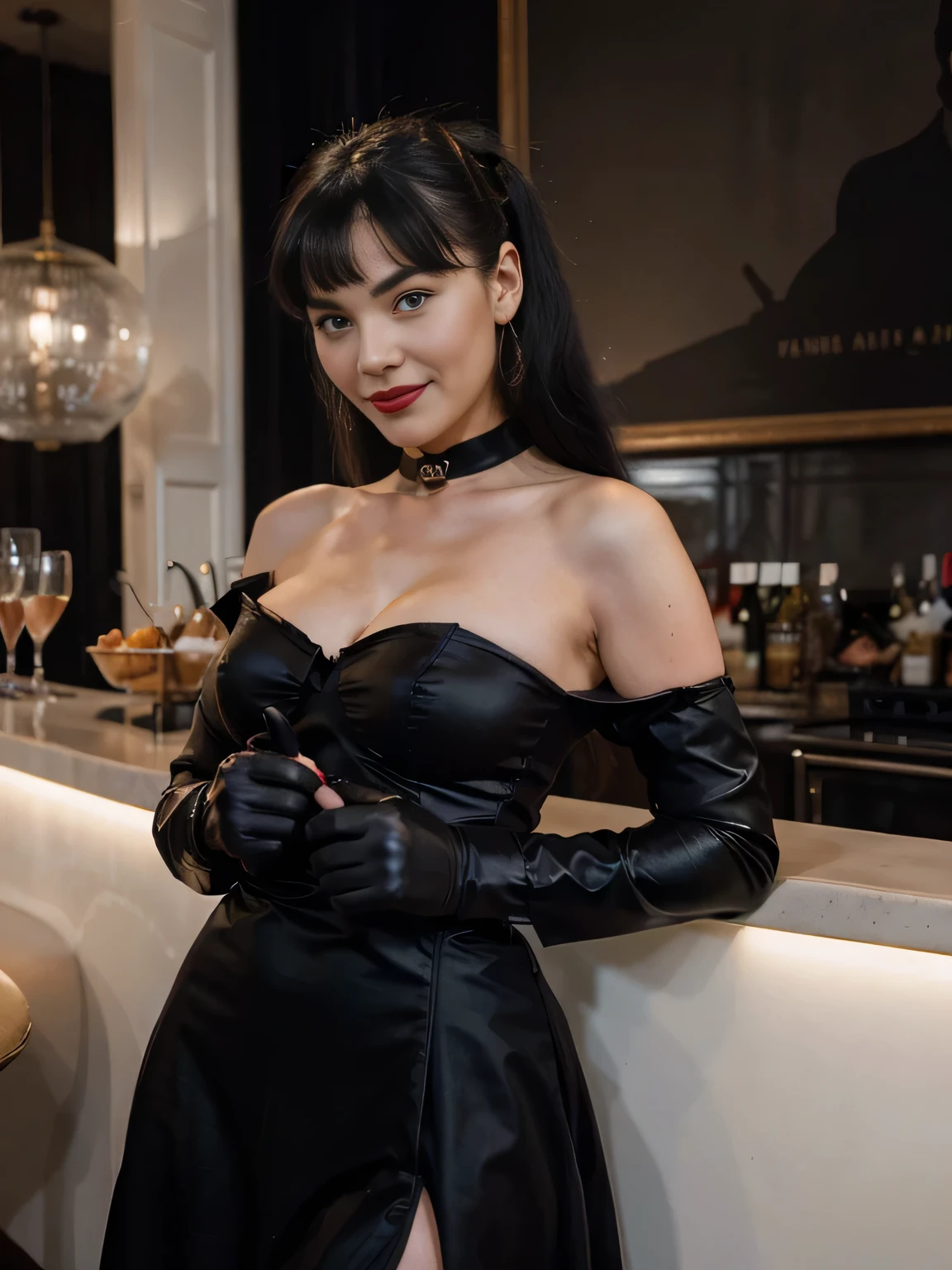 Magazine style photo of a smiling flirting with the camera Bettie page with black ponytail hair wearing a black 1900s off-the-shoulder ball dress and high black gloves inspired by Dior and Céline, red lipstick, direct lighting, at the grand hotel balloorm bar, drinking a copu of champagne,dark plain background, dynamic pose, beautiful body, 160 cm 50 kg, Soho, shot on Kodak Colorplus 200, film photography, f1.8 50mm lens