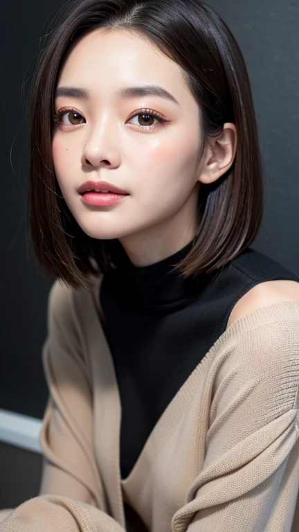 (((Close-up of face)))、(((Absolutely shoulder-length brown straight short bob)))、(((She is posing like a hair salon model, with a black wall indoors as the background.)))、(((Casual black winter long sleeves with shoulders covered)))、Half Japanese, half Korean、18 year old girl、Standing Alone、Looking forward、Light eye makeup、Brown Hair Color、Flat and 、Hair blowing in the wind、Actress Quality、Glossy, ultra-realistic face、Smiling face、Watery eyes、Gazing Up、Subtle lighting effects、 Ultra-Realistic Capture、Very detailed、High resolution 16K close up of human skin。Skin texture must be natural、The details must be such that pores can be clearly seen、The skin is healthy、Uniform tone、Use natural light and colors、A worn-out, high-quality photo taken by a model agency&#39;s in-house photographer.、smile、(((SIGMA 300 mm F/1.4,1/1000 sec shutter,ISO 400))) 