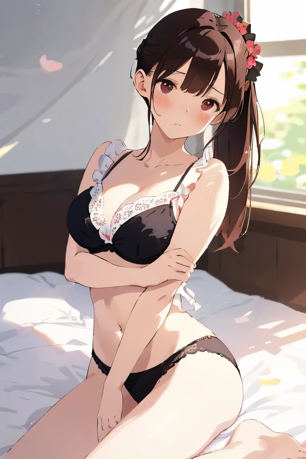 best quality, masterpiece, solo, 1 Female、Age 25、(Soft Bust:1.2)、Larger breasts、(Cleavage)、(Slender figure)、(Maid Style)、White lace underwear、Maid Bikini、(Changing clothes)、Thighs、from side、(White highlight in pupil:1.2)、Dark reddish brown eyes、(Black-haired:1.2)、Ponytail Hair、(View your viewers:1.2)、White skin、(blush)、(A sad expression)、Wooden bedroom、Wooden bed、(I blur the background a lot to make the woman stand out.:1.3)、(The sunlight shines in)、(Beautiful flowers in the background)