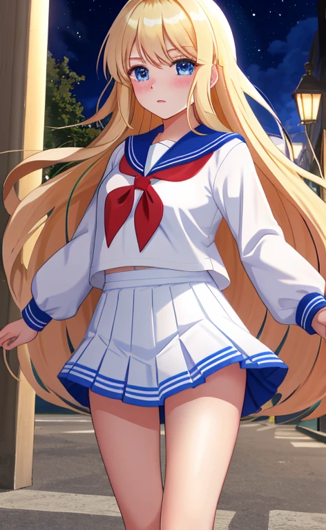 Beautiful long blonde hair　Embarrassing　blue eyes 　Tears overflow from my eyes　diaper　A girl wearing a long-sleeved sailor suit　　Pleated skirt　mini skirt　School corridor at night　Skirt lifted　Open your legs