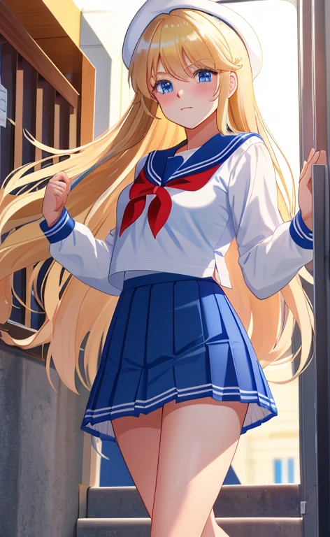 Beautiful long blonde hair　Embarrassing　blue eyes 　Tears overflow from my eyes　diaper　A girl wearing a long-sleeved sailor suit　　Pleated skirt　mini skirt　School corridor at night　Skirt lifted　Open your legs