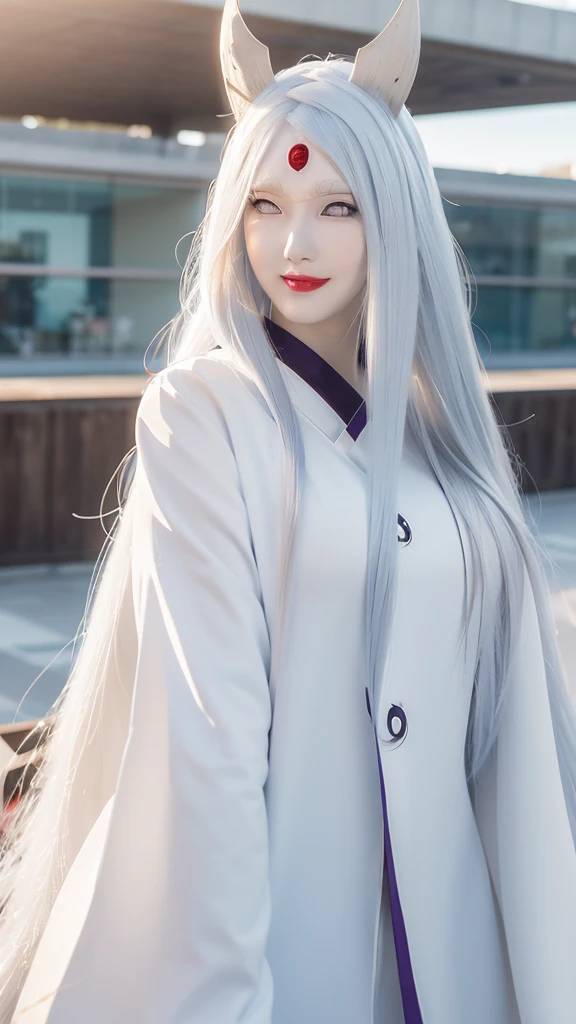 a photo shoot of a person with long hair and a hoodie, otsutsuki kaguya, kaguya from anime naruto,sexy, big breast, as an anime character, perfect anime face, she has white hair with bangs, spoiled, smile, female anime character, anime character, anime best girl, hime cut hairstyle, white hair, (red glossy lips:1.3), white eyes, smile, city background, (beautiful face:1.3)