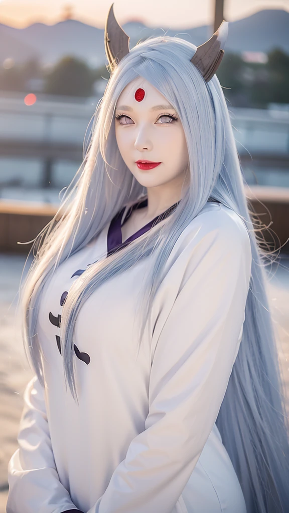 a photo shoot of a person with long hair and a hoodie, otsutsuki kaguya, kaguya from anime naruto,sexy, big breast, as an anime character, perfect anime face, she has white hair with bangs, spoiled, smile, female anime character, anime character, anime best girl, hime cut hairstyle, white hair, (red glossy lips:1.3), white eyes, smile, city background, (beautiful face:1.3)