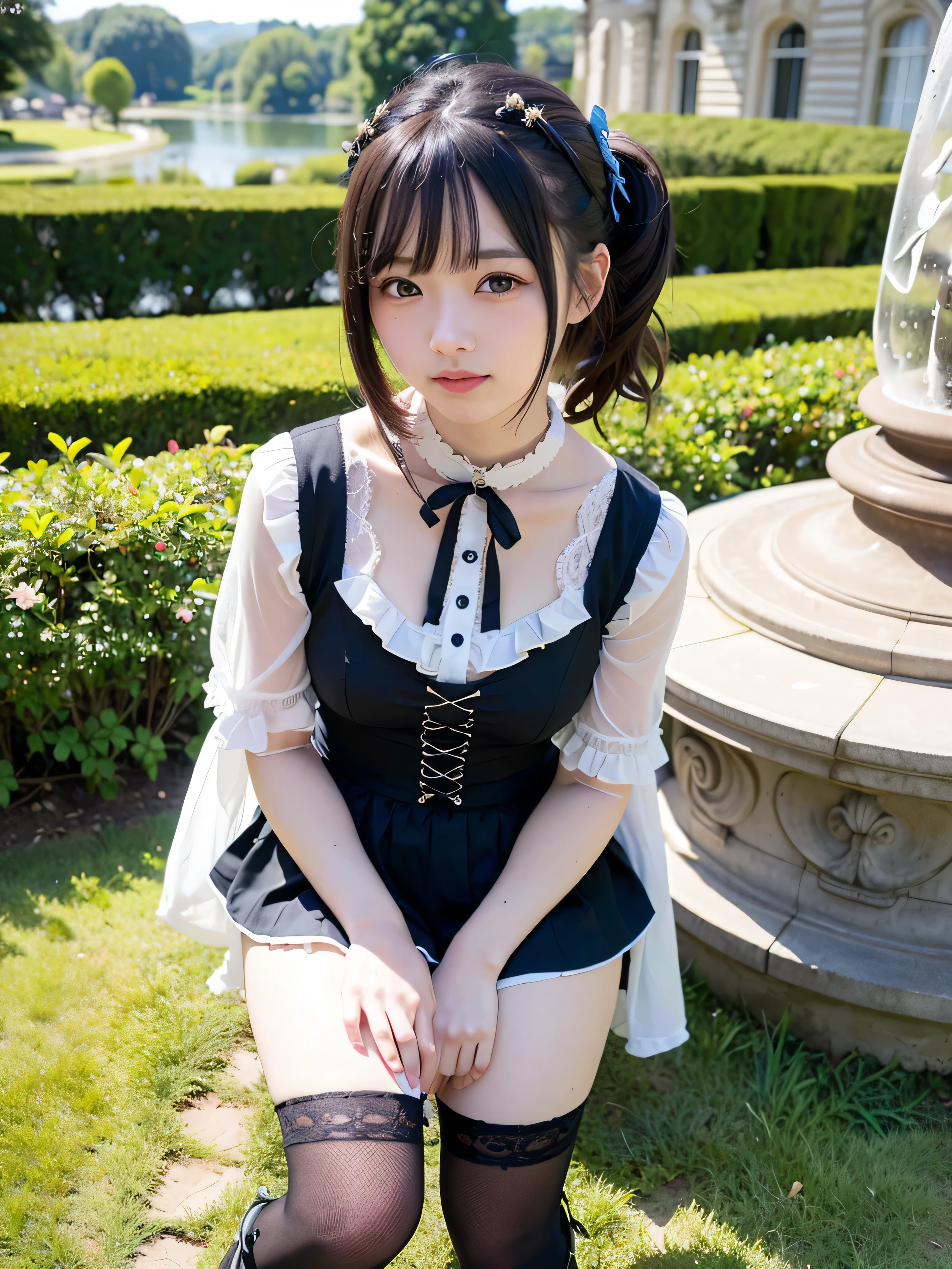 (Realistic, photo Realistic:1.37), Unbelievably absurd, (Very detailed:1.3), 8k, (masterpiece), (highest quality:1.4), (Ultra-high resolution:1.2), (RAW Photos:1.2), (unity 8k wallpaper), very cute, (bishojo:1.35), (15 years:1.4), ((Alice and the Pirates Fashion)), Beautiful dress with intricate details, ((Blue rose hair accessory)), ((Lace-up boots)),Garter Stockings,Delicate and beautiful face, eye, skin, Thick black shiny hair, Smiling for the camera, Petit Trianon Garden and Farm House, View of the village and the lake, Very detailed background, Professional Lighting