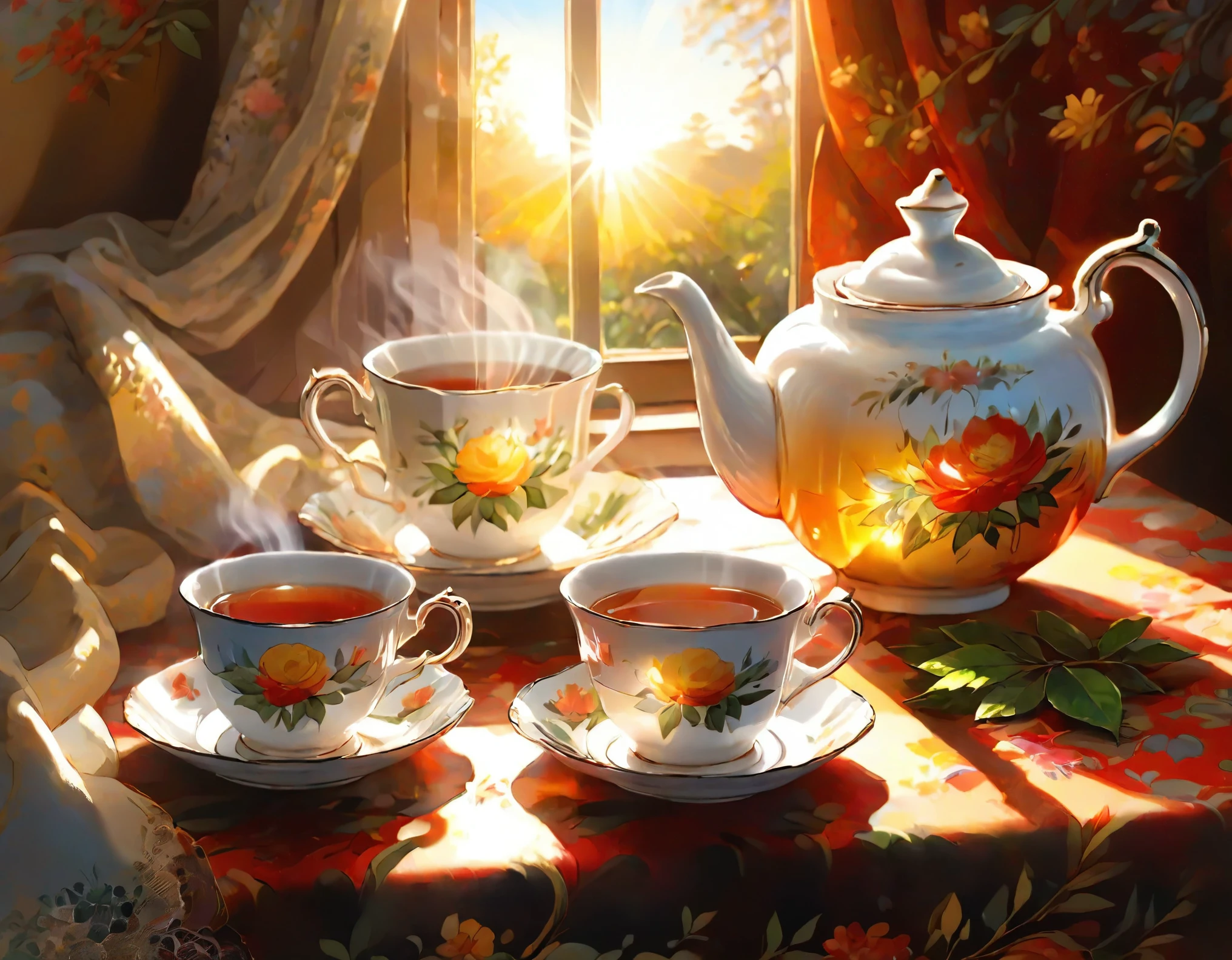 ，Warm，a cup of tea，close up，tea，table，Sunlight