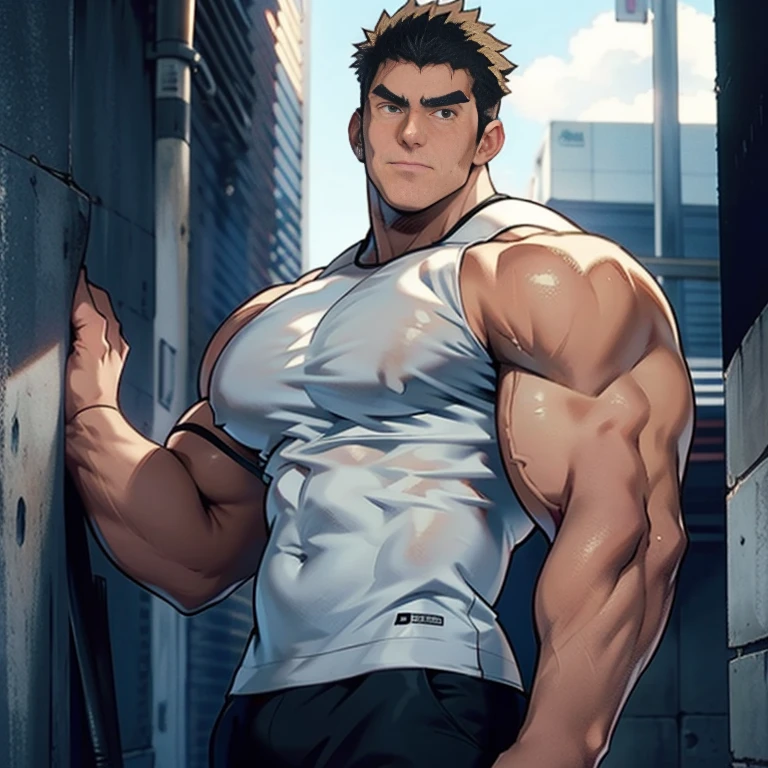 ((Anime style art)), Extremely muscular masculine character, bodybuilder body, wearing a sleeveless V-neck shirt, hands raised at neck level, The character is leaning against a wall. Pockets, Futuristic cityscape, Busy route, Buildings, person
AS & Vehicles. Main character from the anime, Nice image, Hard drive, 4k, Main character leaning against a wall with his hands at face level.