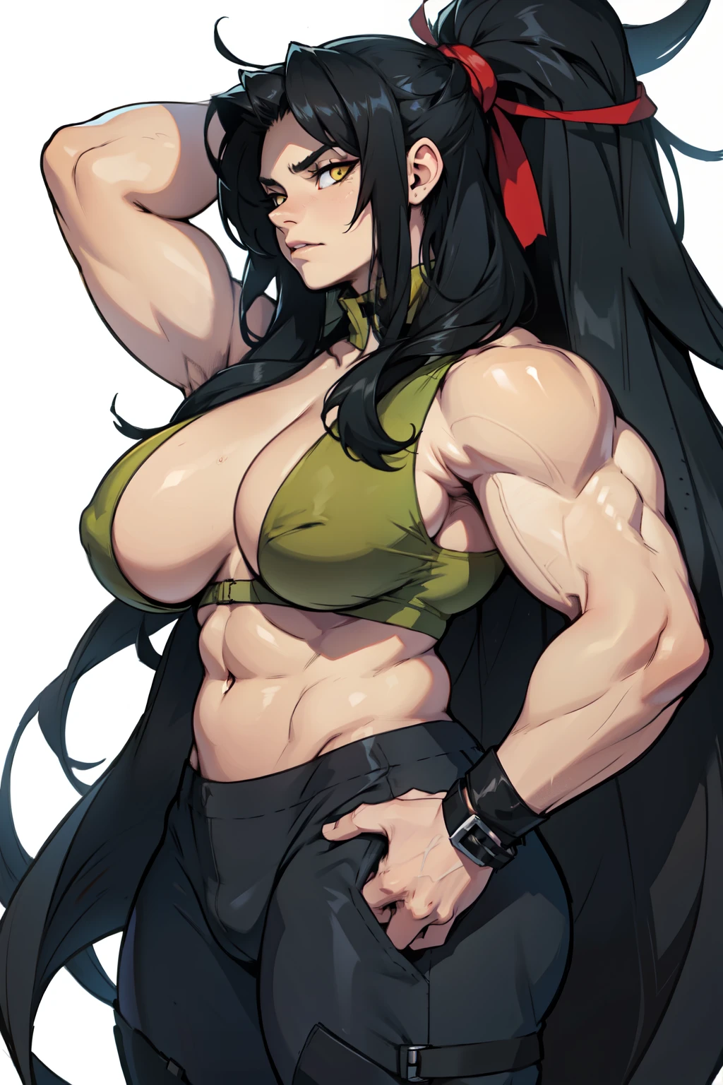 sad huge breasts black hair very long hair muscular pale skin girl yellow eyes