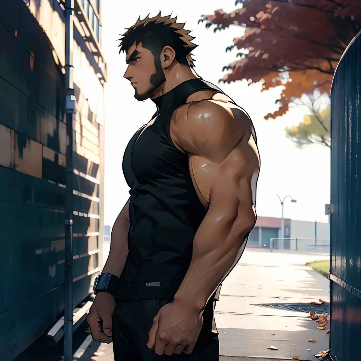 ((Anime style art)), Extremely muscular masculine character, bodybuilder body, wearing a sleeveless V-neck shirt, hands raised at neck level, The character is leaning against a wall. Pockets, Futuristic cityscape, Busy route, Buildings, person
AS & Vehicles. Main character from the anime, Nice image, Hard drive, 4k, Main character leaning against a wall with his hands at face level.