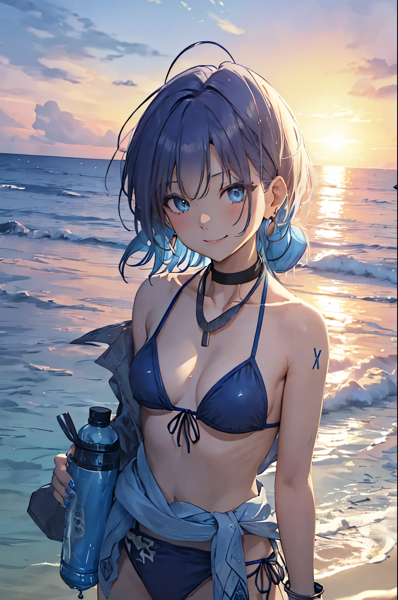 ■Composition:(cowboy shot:1.6), (front view:1.4), lying on side, {asakura_tooru_theidolmstershinycolors:1.15}、short hair、bangulti-colored hair、Blue Hair、Gradient Hair、jewelry、Earrings、Blue Eyes、smile、Ahoge、bangs分け、tie、1 girl、青null、Bottle、clavicle、Day、Viewer、Nail polish、necklace、Outdoor、null、Water bottle、Bare shoulders、Holding、Bottle保持、Swimwear、bikini、bracelet、chest、Beach、白bikini、chestの谷間、cloud、hair ornaments、ocean、Short Ponytail、sunshine、Barrette、Medium breast、プリントbikini、Upper Body、x_hair ornaments、■Composition:(upper body:1.6), (front view:1.4), extreme close-up view, ■Quality:Top quality, masterpiece, high resolution, solo, (1girl:1.3), (Perfect hands:1.3),(Perfect Anatomy:1.3), ■Body shape:(slender body type:1.3), beauty legs, Miwaki, (Glamorous:0.2), (musculature:0.2), perfectly proportions, Seven heads, highly detailed lips,