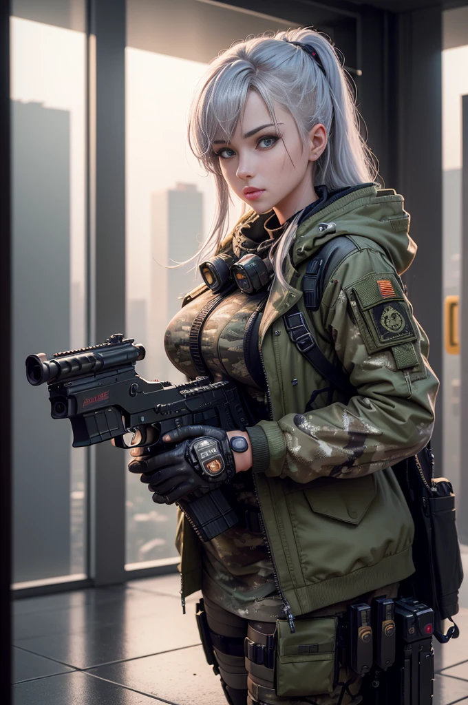 ((better quality)), ((masterpiece)), (high detail: 1.3), ..3D, Machine gun in hand, Beautiful Special Forces Shooting (Cyberpunk:1.2), Robert, woman with thick hair (camouflage_:1.1), bulletproof vest, raincoat, digital (camouflage: 1.3), HDR (High Dynamic Range), Ray Tracing, NVIDIA RTX, Ultra-high resolution, Unreal 5, Underground spread, PBR textures, Post-Processing, Anisotropic filtering, Depth of Field, Maximum clarity and sharpness,  Multi-layered textures, Albedo and Reflection Maps, Surface Shading, Accurately simulate the interaction of light with materials, Ideal proportions, Octane Rendering, Two-color lighting, Wide opening, Low ISO, White Balance, Rule of Thirds, 8K , Effective subpixel, sub-pixel convolution,