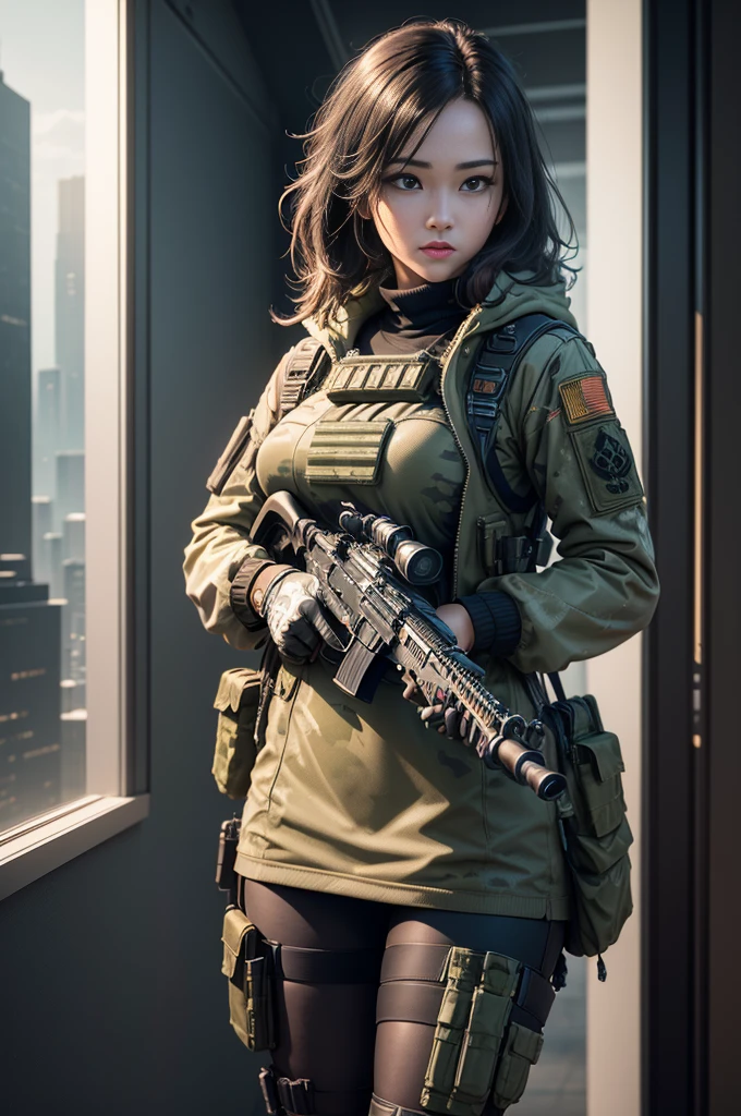 ((better quality)), ((masterpiece)), (high detail: 1.3), ..3D, Machine gun in hand, Beautiful Special Forces Shooting (Cyberpunk:1.2), Robert, woman with thick hair (camouflage_:1.1), bulletproof vest, raincoat, digital (camouflage: 1.3), HDR (High Dynamic Range), Ray Tracing, NVIDIA RTX, Ultra-high resolution, Unreal 5, Underground spread, PBR textures, Post-Processing, Anisotropic filtering, Depth of Field, Maximum clarity and sharpness,  Multi-layered textures, Albedo and Reflection Maps, Surface Shading, Accurately simulate the interaction of light with materials, Ideal proportions, Octane Rendering, Two-color lighting, Wide opening, Low ISO, White Balance, Rule of Thirds, 8K , Effective subpixel, sub-pixel convolution,