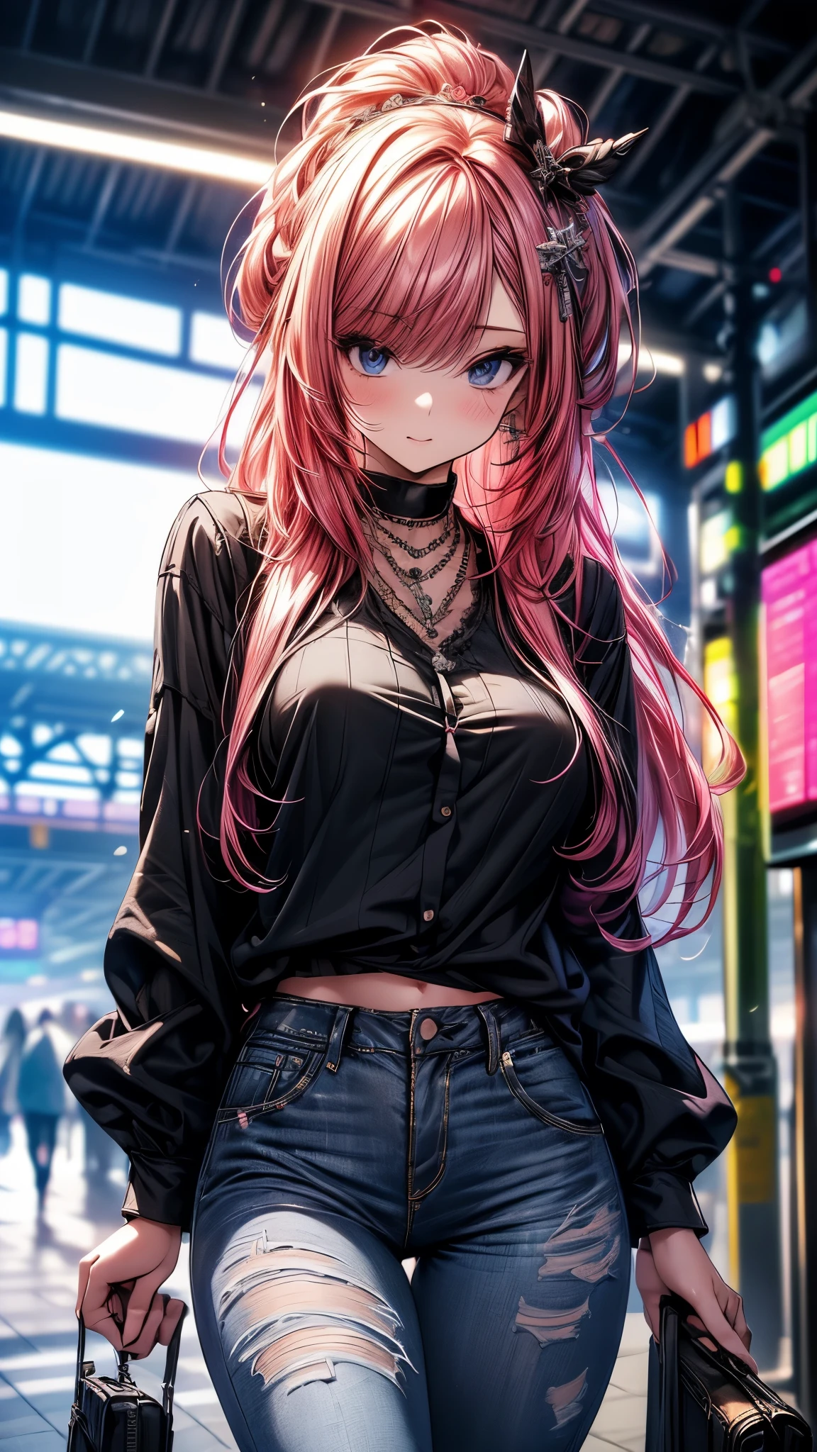 (masterpiece), (best quality), (high resolution), detailed, (Complex detail 1.2), (Hyper detailed 1.4), (Gorgeous digital art 1.2), absurd, 1 Girl, Small Breasts, yes, Hair accessories, Solitary, Pink Hair, (Black shirt:1.3), jeans, (TRAIN STATION:1.2) running, thigh, shortstack,