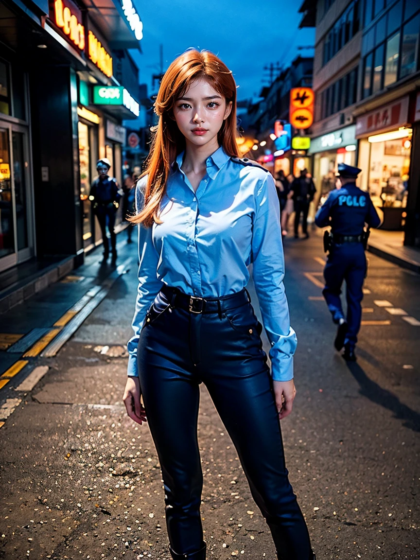 (1 lady), (Best quality at best:1.4), (ultra - detailed), (extremely detailed CG unified 16k), A Beautiful Woman with Perfect Figure: 1.4, Sharp Focus: 1.2, very detailed, High-definition RAW color photo, professional photoshooting, amazing face and eyes, cosmetics, (amazingly beautiful girl), ((asuka)), ((police uniform, whole body police uniform, long sleeves blue navy shirt, police uniform blue navy pants, polyester material)), standing, sexyposture,(Dark and stylish urban landscape, city lights, city lights:1.3), (look from down), realistic cinematic face, head to feet long wide zoomed out view, full body long view, photorealistic, ((realistic natural orange redhair style, blue eyes, long hair)), gorgeous, extremely beautiful face, perfect model beauty, pout mouth, Highly Detailed Face and Skin Texture, Detailed Eyes, Double Eyelids, Medium Breasts, Smile, cleavages, western, (masterpiece), best quality, high resolution, extremely detailed, blurred background, depth of field, cinematic lighting, amazing legs, combat boots, clear and well-cared skin, (((woman occupies most of the picture))), (photorealistic colors, photography colors)