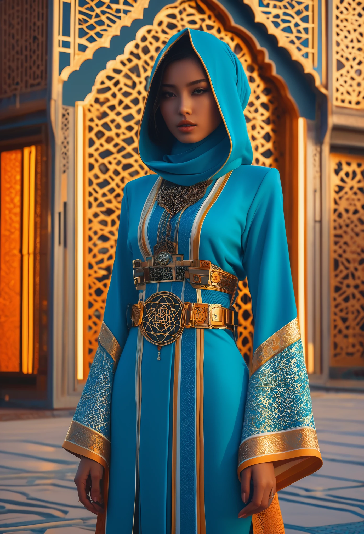 Stunning young Japanese girl, by Ash Thorp and Simon Stalenhag, fantasy character, hyper-realistic, intricate details, futuristic outfit inspired by Moroccan and Tunisian cultures, modern architecture, vibrant colors, warm lighting, golden hour, Sony A7R IV, ƒ 1.4, 24 mm, 8k, high-quality print, delicate features, ornate accessories, subtle expression, intricate patterns, Arabic calligraphy.