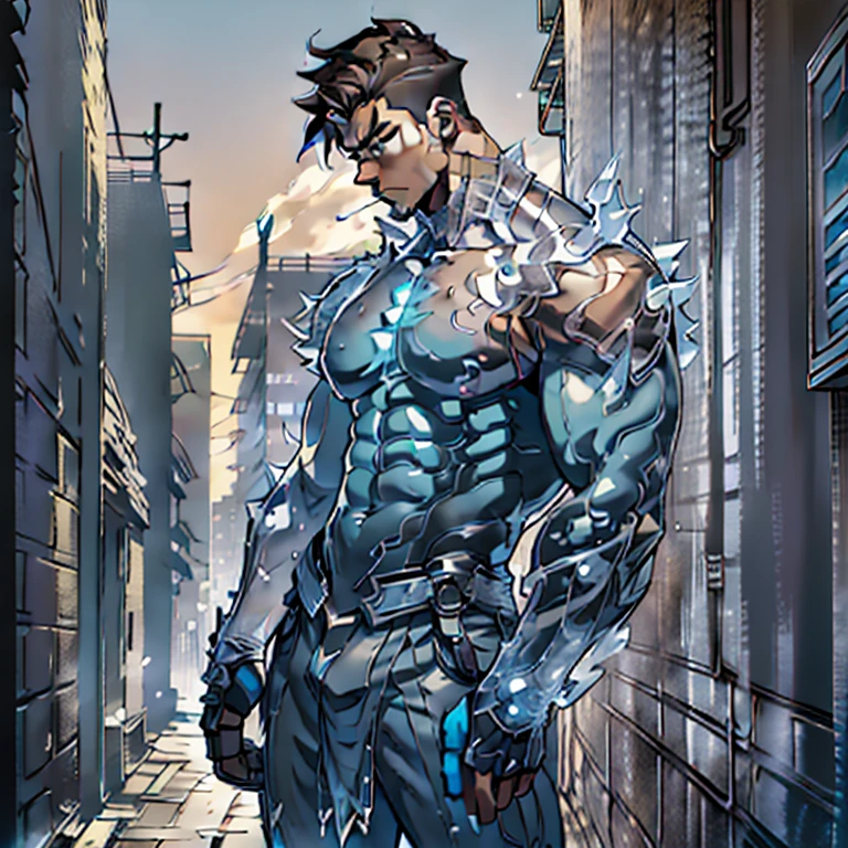 ((Anime style art)), Extremely muscular masculine character, bodybuilder body, wearing a sleeveless V-neck shirt, hands raised at neck level, The character is leaning against a wall. Pockets, Futuristic cityscape, Busy route, Buildings, person
AS & Vehicles. Main character from the anime, Nice image, Hard drive, 4k, Main character leaning against a wall with his hands at face level.