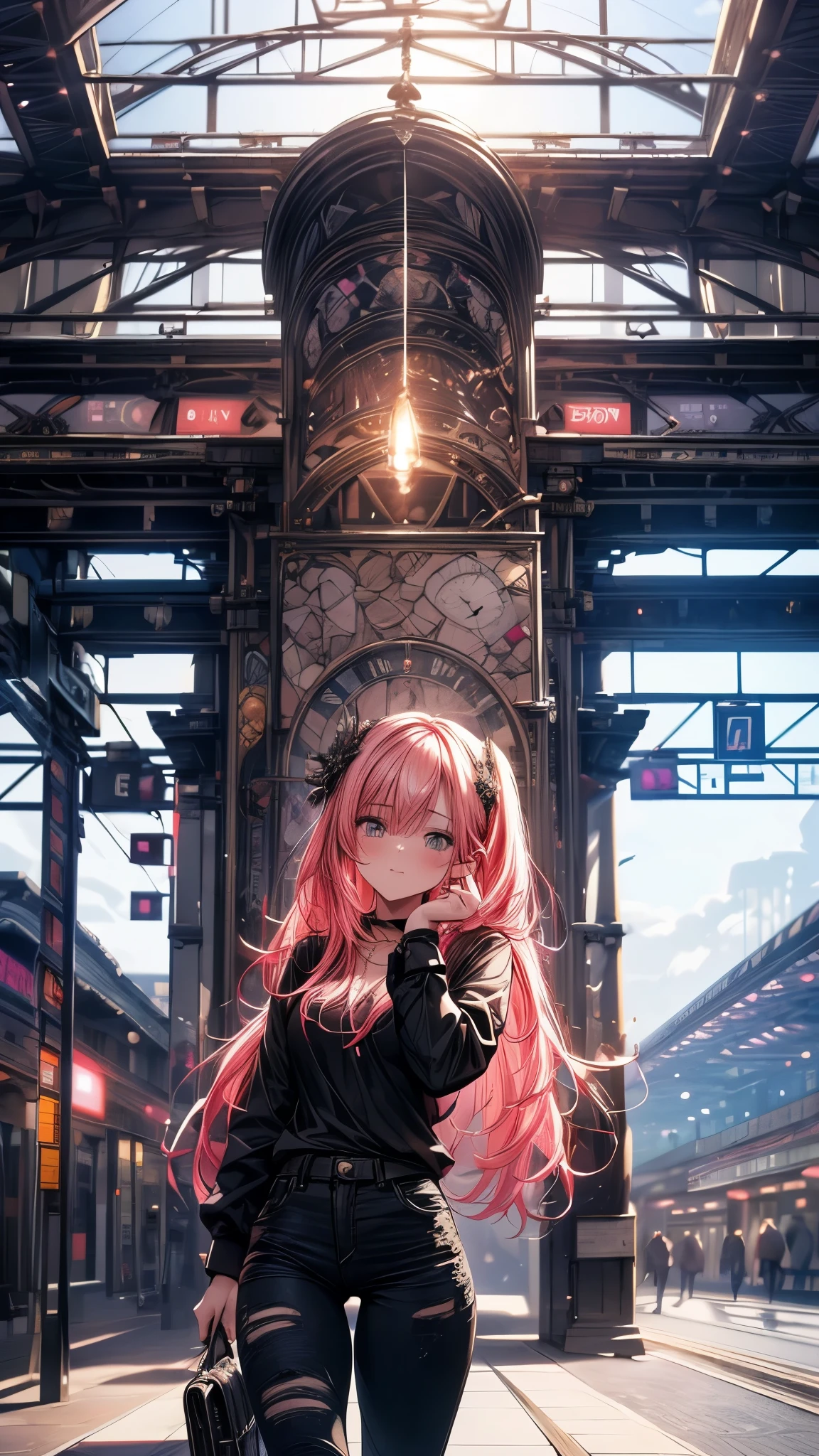 (masterpiece), (best quality), (high resolution), detailed, (Complex detail 1.2), (Hyper detailed 1.4), (Gorgeous digital art 1.2), absurd, 1 Girl, Small Breasts, yes, Hair accessories, Solitary, Pink Hair, (Black shirt:1.3), jeans, (TRAIN STATION:1.2) running, thigh, shortstack, 