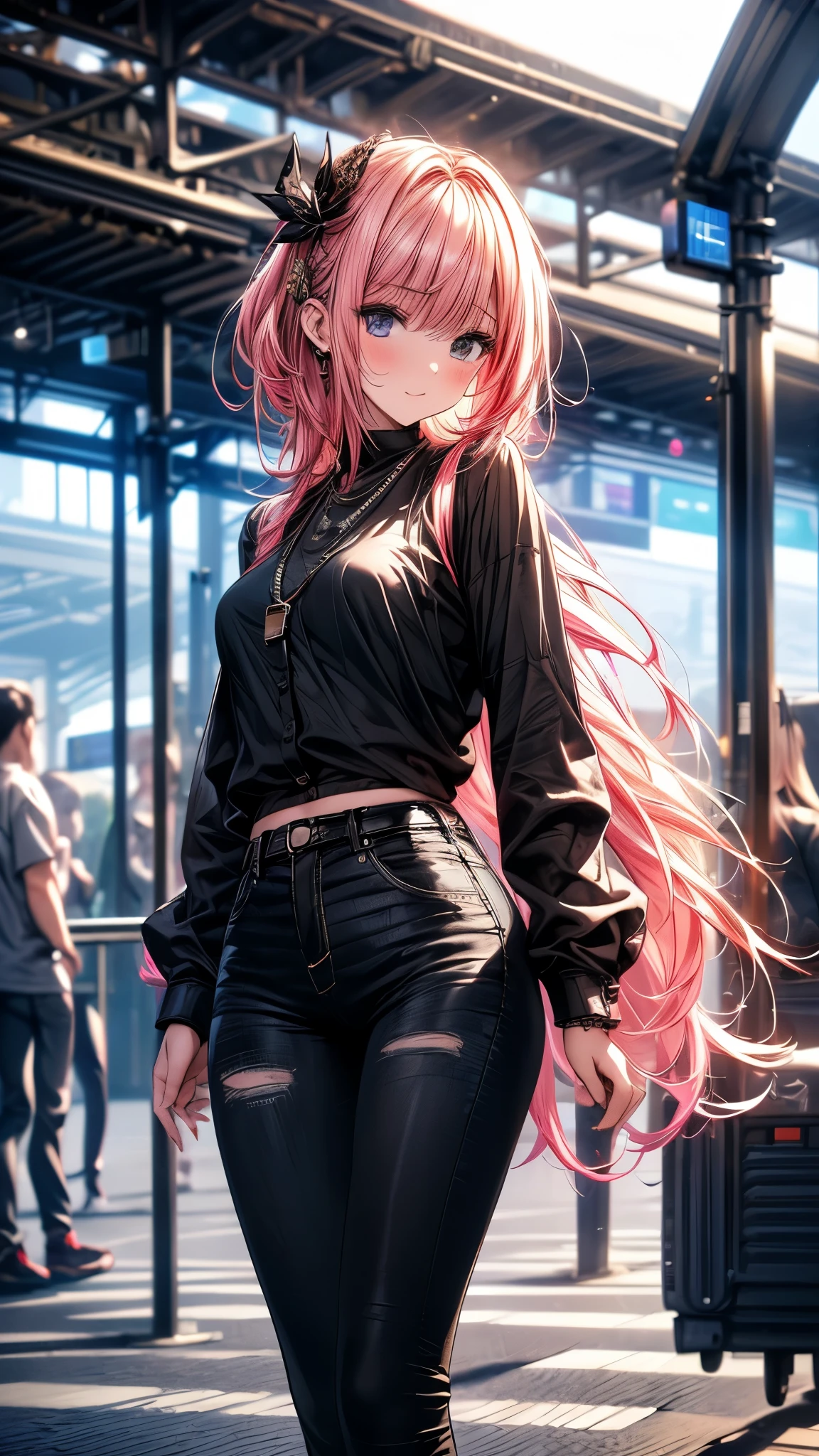 (masterpiece), (best quality), (high resolution), detailed, (Complex detail 1.2), (Hyper detailed 1.4), (Gorgeous digital art 1.2), absurd, 1 Girl, Small Breasts, yes, Hair accessories, Solitary, Pink Hair, (Black shirt:1.3), jeans, (TRAIN STATION:1.2) running, thigh, shortstack,