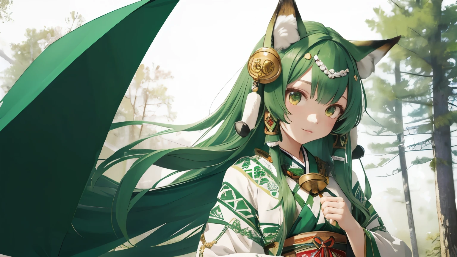 ((highest quality)), ((masterpiece)), (detailed), Cute , Ainu traditional clothing, Fox ears, Green medium-long hair, bell