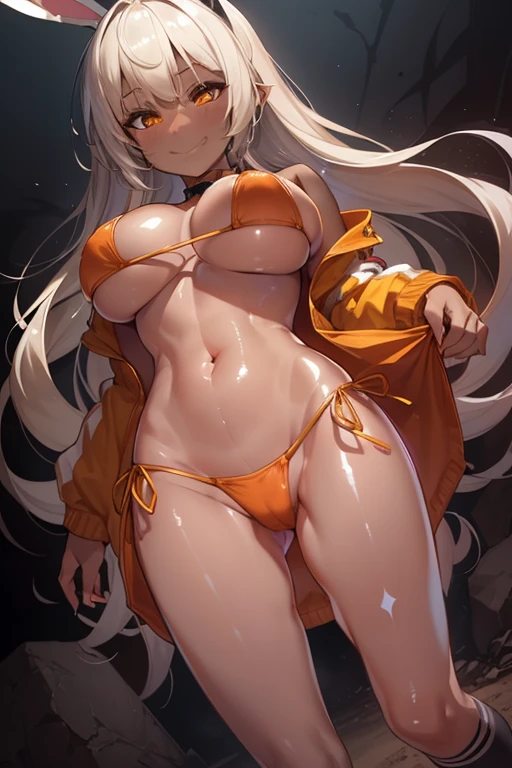 Shot from below、Standing with your legs apart、Standing with feet shoulder-width apart、Cute girl、highest quality、Ultra - High resolution、High resolution、Highly detailed CG、8k unit wallpaper、18-year-old、Careful and gentle eyes,Delicate and beautiful smile、Platinum Blonde Hair、Asymmetrical Hair、((( Dark Skin:1.5)))、(Shiny body,:1.5)、rabbit ears、(((loose socks、big ))) 、(Orange motocross jacket with green details, Biker clothes. Detailed design、Skin-colored bikini)Double Peace 、2.5D、My girlfriend、