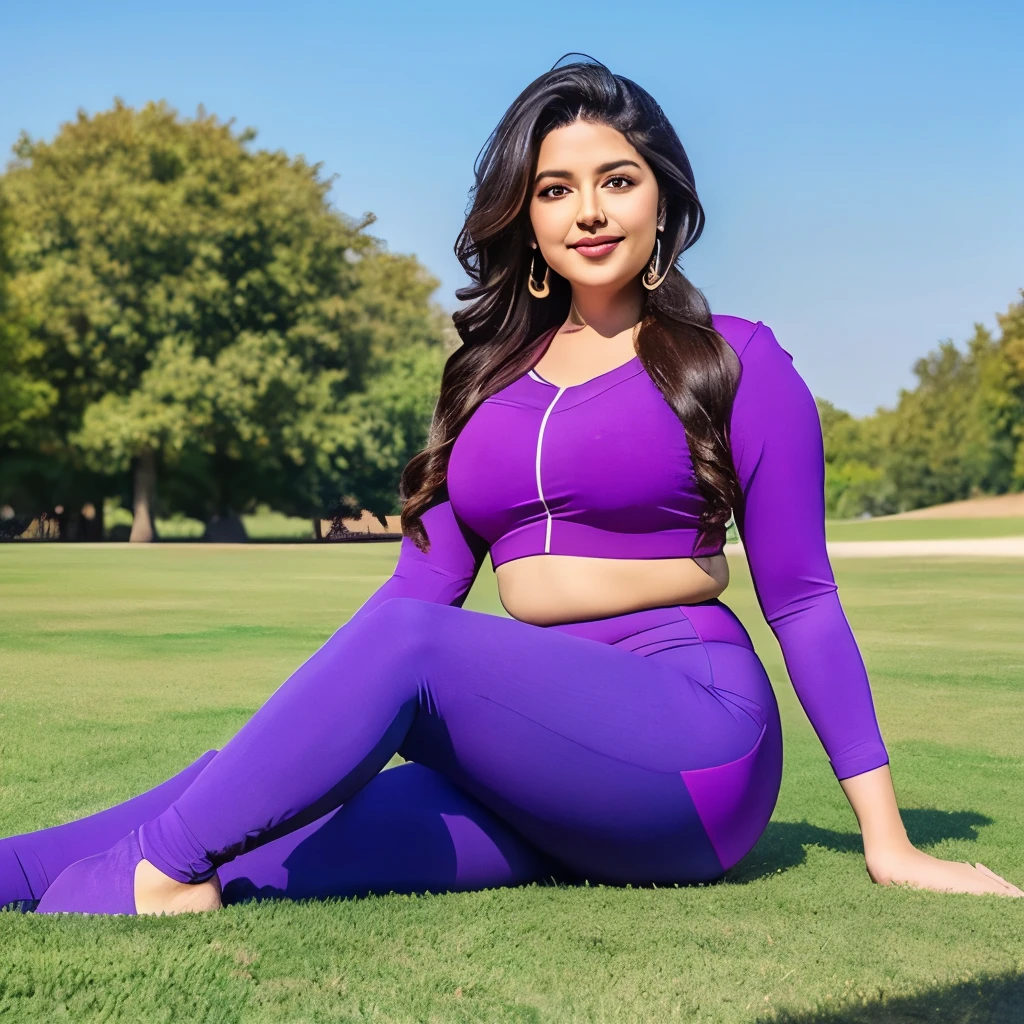 "Sitting Pretty! Embrace the beauty of our
Indian goddess, showcasing her curves with confidence in a chic purple kurti paired with sky blue tight leggings. A vision of perfection, she embodies allure and charm, captivating leggings lovers