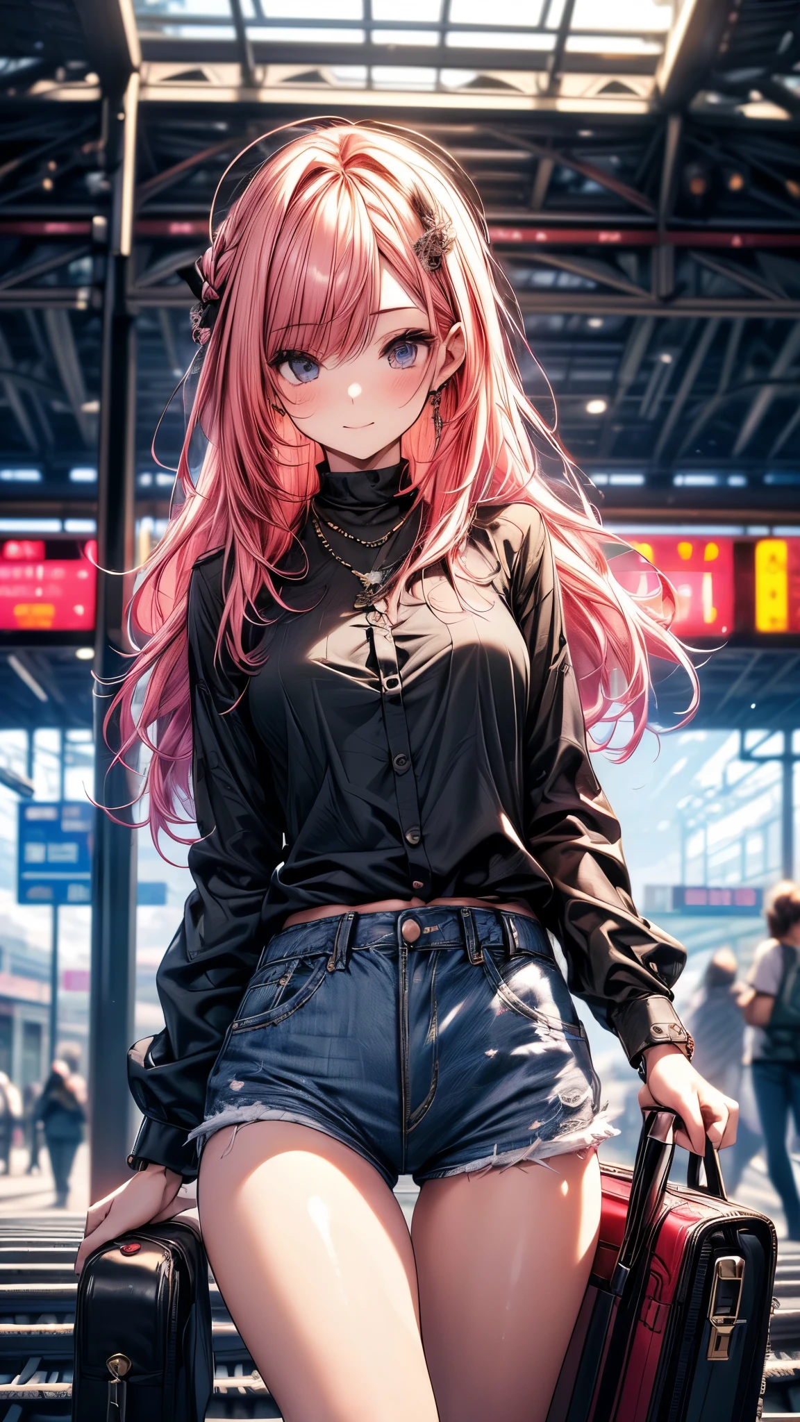 (masterpiece), (best quality), (high resolution), detailed, (Complex detail 1.2), (Hyper detailed 1.4), (Gorgeous digital art 1.2), absurd, 1 Girl, Small Breasts, yes, Hair accessories, Solitary, Pink Hair, (Black shirt:1.3), jeans, (TRAIN STATION:1.2) running, thigh, shortstack,