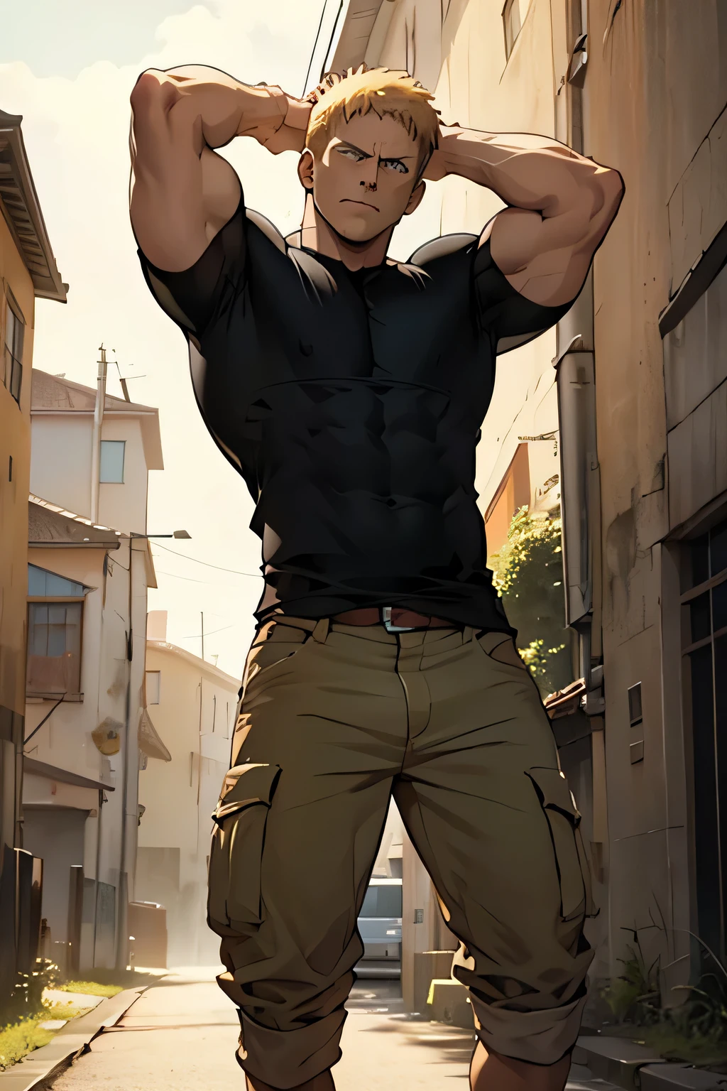 Reiner Braun from Attack on Titan is flexing his arms and abs while he is lifting his tshirt up. His tshirt is black has short sleeves.