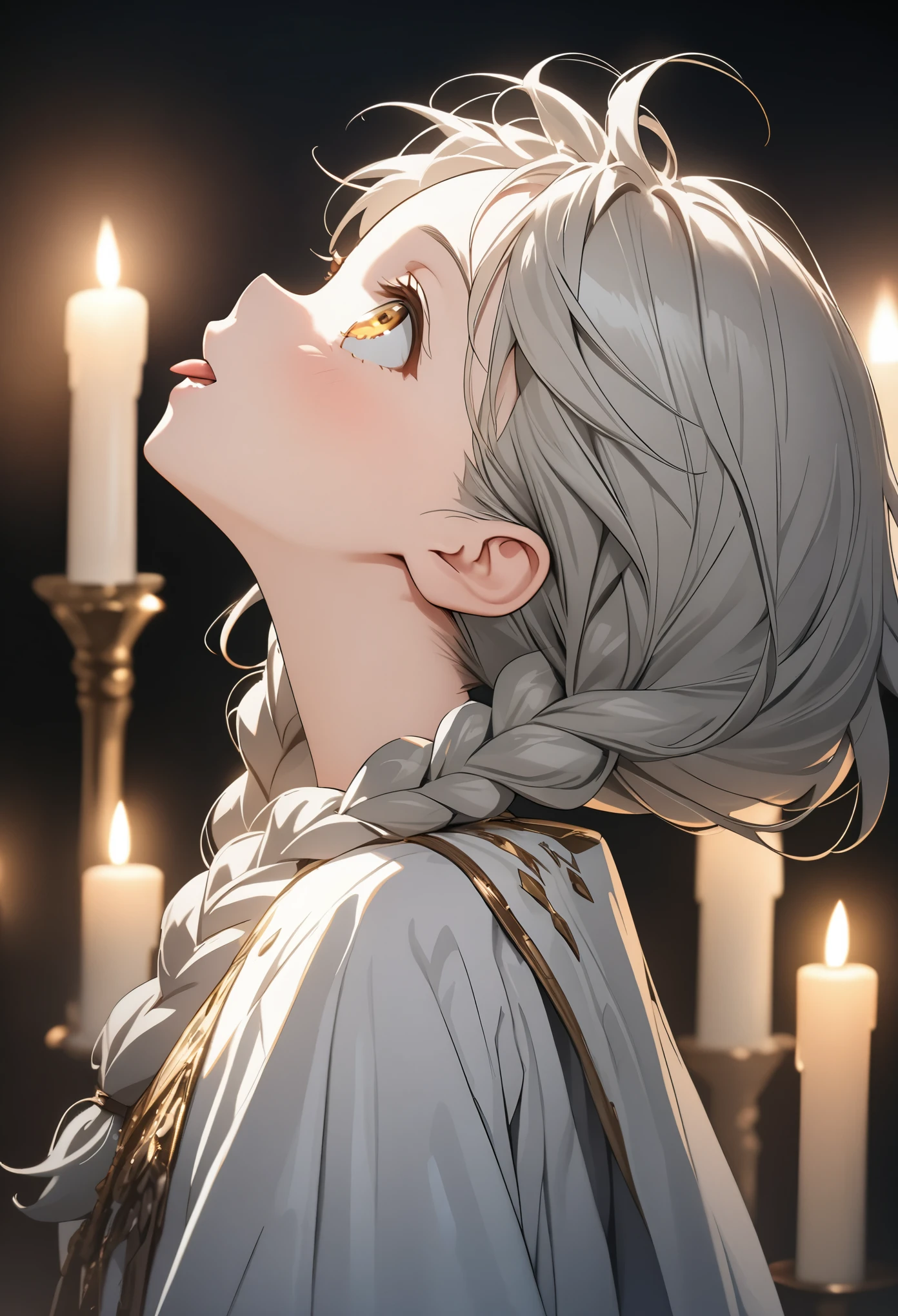 ((Masterpiece)), ((best quality)), (Anime:1.3), ((best quality)), (High Definition:1.3), (Professional Photography:1.2), (12 years old), profile, silver hair, gold eyes, Gorgeous white clothes, (looking up:1.3), upper body, Fair skin, soft braids, (faint candlelight), hairs in the air, (sticking out tongue)