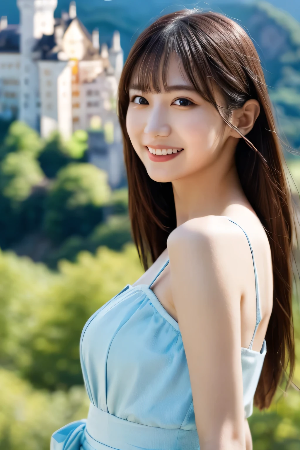 One Girl, (Wear a light blue dress:1.2), (Beautiful Japanese idol portrait photos),
(RAW Photos, highest quality), (Realistic, photo-Realistic:1.4), masterpiece, 8K Portrait,
Very delicate and beautiful, Very detailed, 2k wallpaper, wonderful, In detail, Very detailed CG unity 8k wallpaper, 
Very detailedな, High resolution, 
Soft Light, Beautiful detailed girl, Very detailed eyes and face, Beautiful and sophisticated nose, Beautiful details,
(Photo shoot at Neuschwanstein Castle:1.3), Cinema Lighting, 
Perfect Anatomy, Slender body, Small breasts, Semi-long hair, bangs, Bokeh, Dynamic Angle, A light smile,