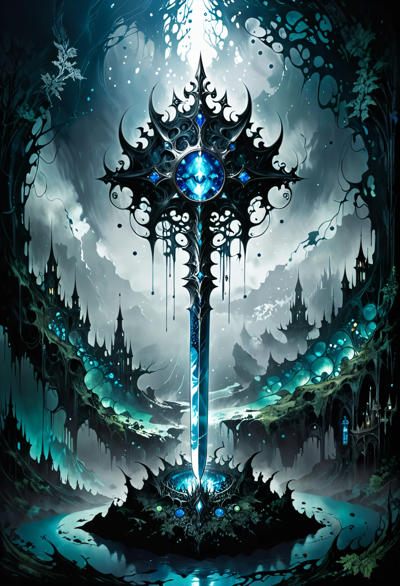Harry Clark (Harry Clarke) style,(Mysterious landscape),[There is a lot of suspense],fantasy,dark,Dark,atmosphere,Dark,(Magical stone showing modern technology model),(Demon Crown:1.3),(A heavy sword with a dangerous aura:1.2),(Transformed by future technology:1.2),(steelblue palette:1.2),(Fractal Art:0.9),