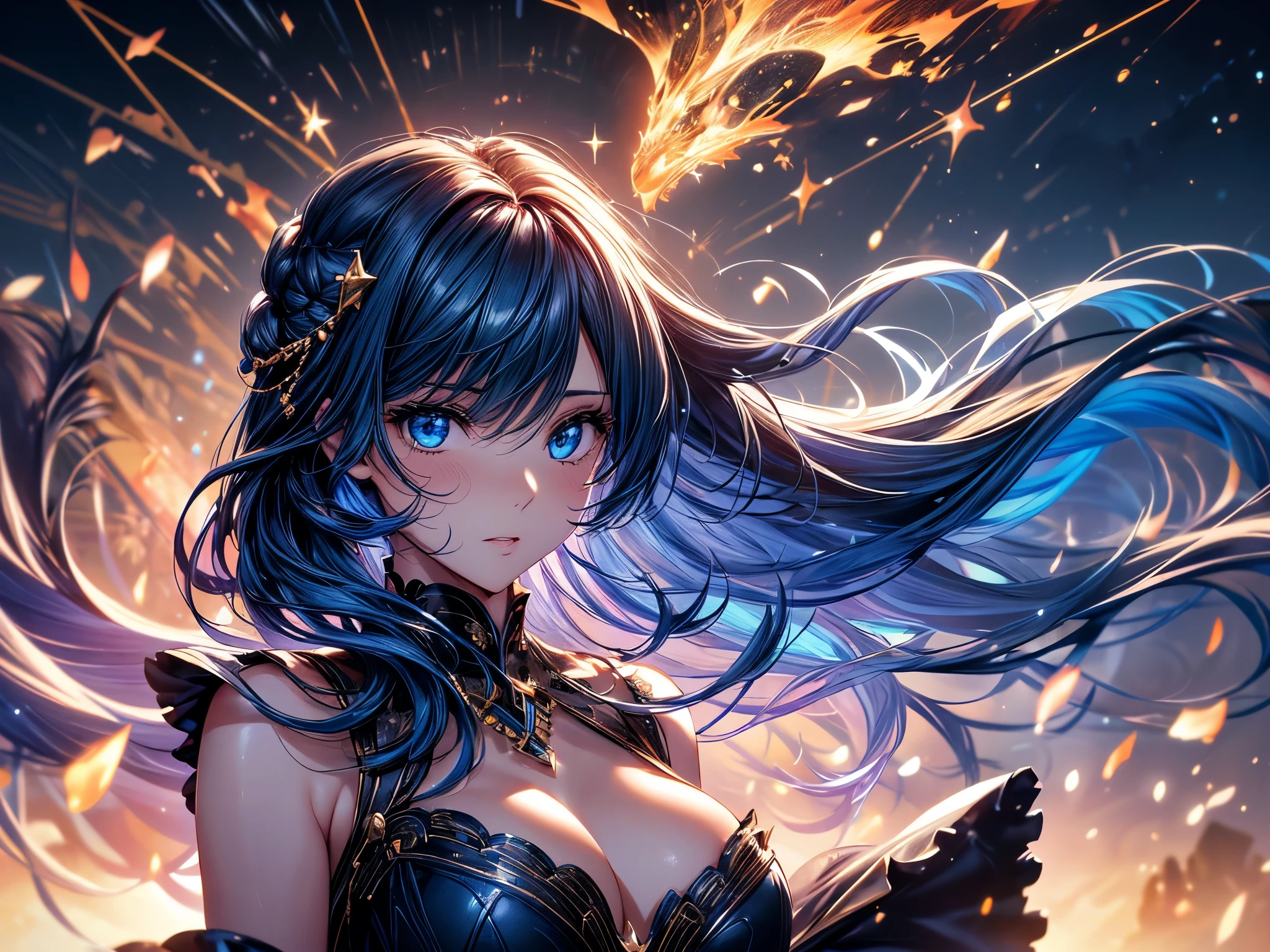 ( absurd , high quality , Super detailed, Be careful with your hands )Constellation-Sagittarius Goddess , similar to latin goodness . optimistic, fair, Funny and intelligent face . reckless, ruthless, impatient, Overconfident style . Deep blue eyes (Eye details) , Dark blue hair,shining , Sheer dress , In the starry sea , whole body , Fire , Chiron, Octane Render