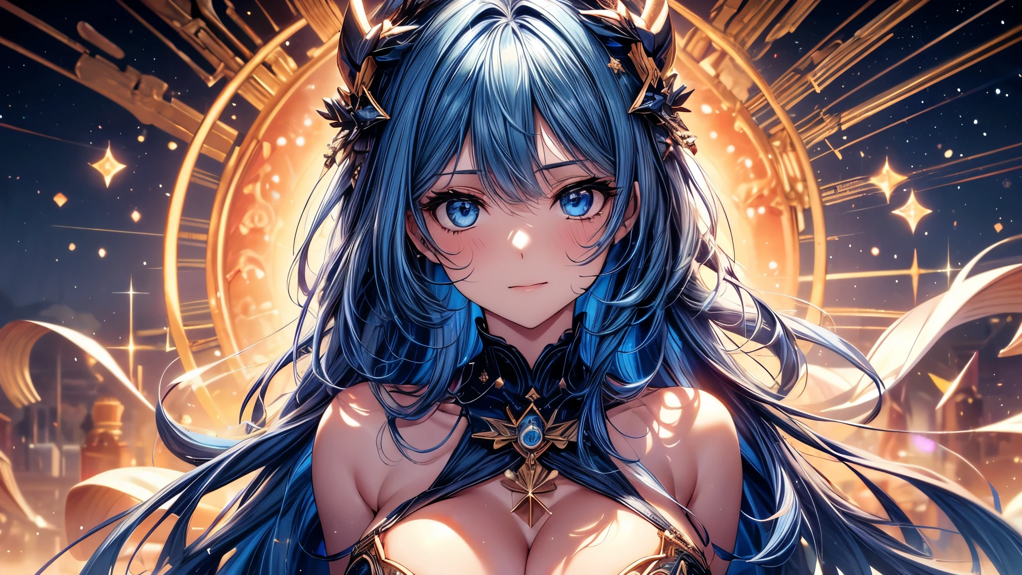 ( absurd , high quality , Super detailed, Be careful with your hands )Constellation-Sagittarius Goddess , similar to latin goodness . optimistic, fair, Funny and intelligent face . reckless, ruthless, impatient, Overconfident style . Deep blue eyes (Eye details) , Dark blue hair，shining , Sheer dress , In the starry sea , whole body , Fire , Chiron, Octane Render