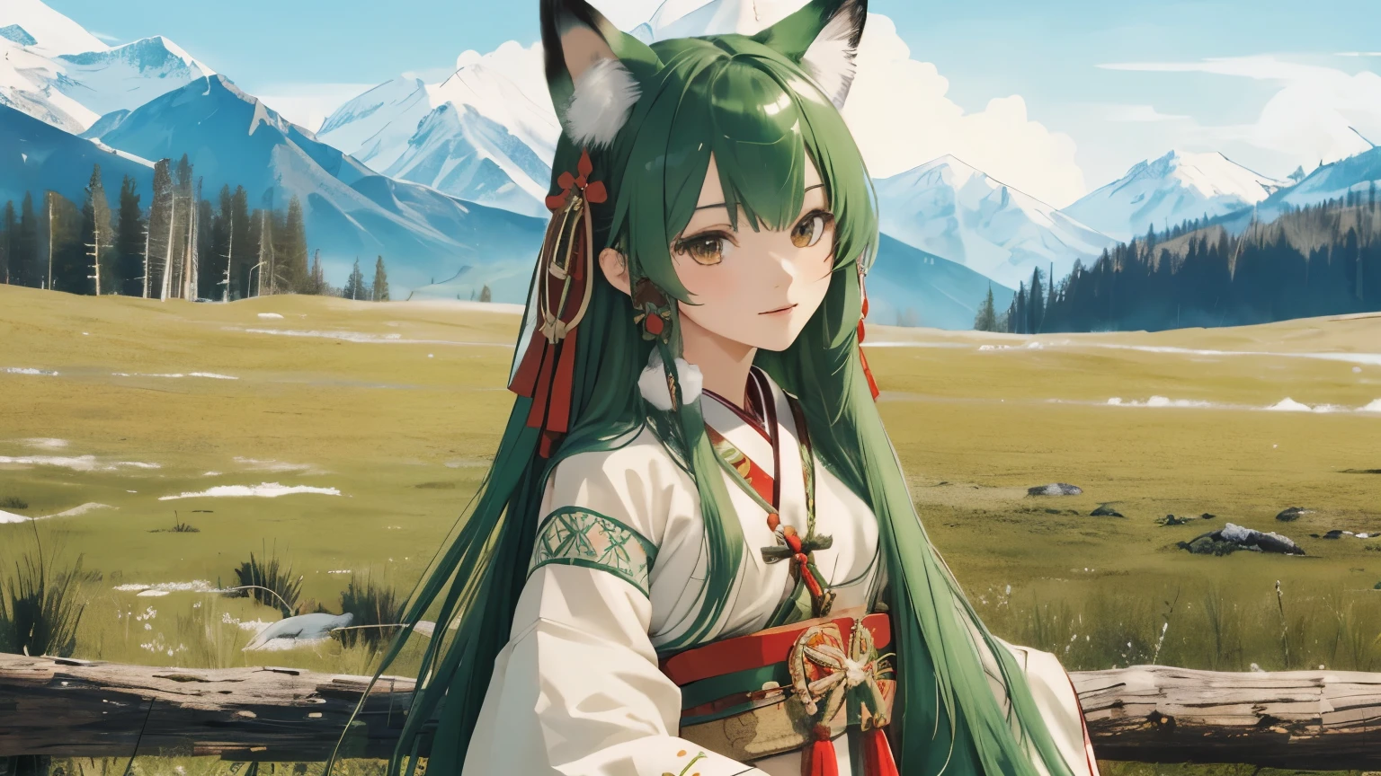 ((highest quality)), ((masterpiece)), (detailed), Cute , Ainu traditional clothing, Fox ears, Green medium-long hair, Big bell, Big Red Ribbon