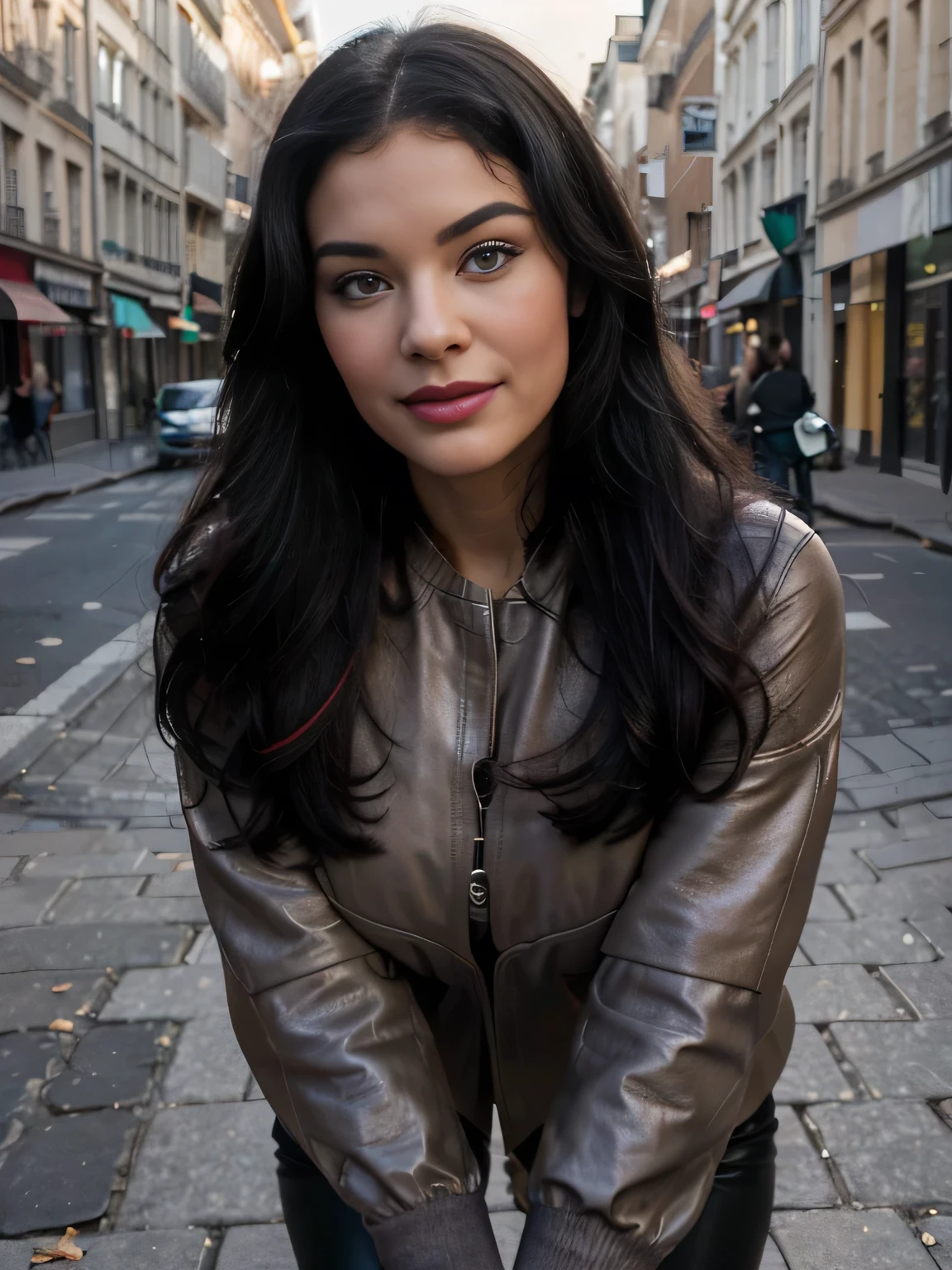 proFessional portrait photograph oF a gorgeous smiling flirting with the camera Bettie page in winter clothing with long wavy black hair, sultry Flirty look, gorgeous symmetrical Face, joli maquillage naturel, wearing elegant warm winter Fashion clothing, (( black leather gloves))((debout dehors dans une rue enneigée de la ville)), superbe environnement urbain moderne, ultra realistic, art conceptuel, elegant, Very detailed, complexe, sharp Focus, depth oF Field, F/1. 8, 85mm, Coup moyen, midplane, (((proFessionally color graded))), bright soFt diFFused light, (volumetric Fog), tendance sur Instagram, hdr 4k, 8K
