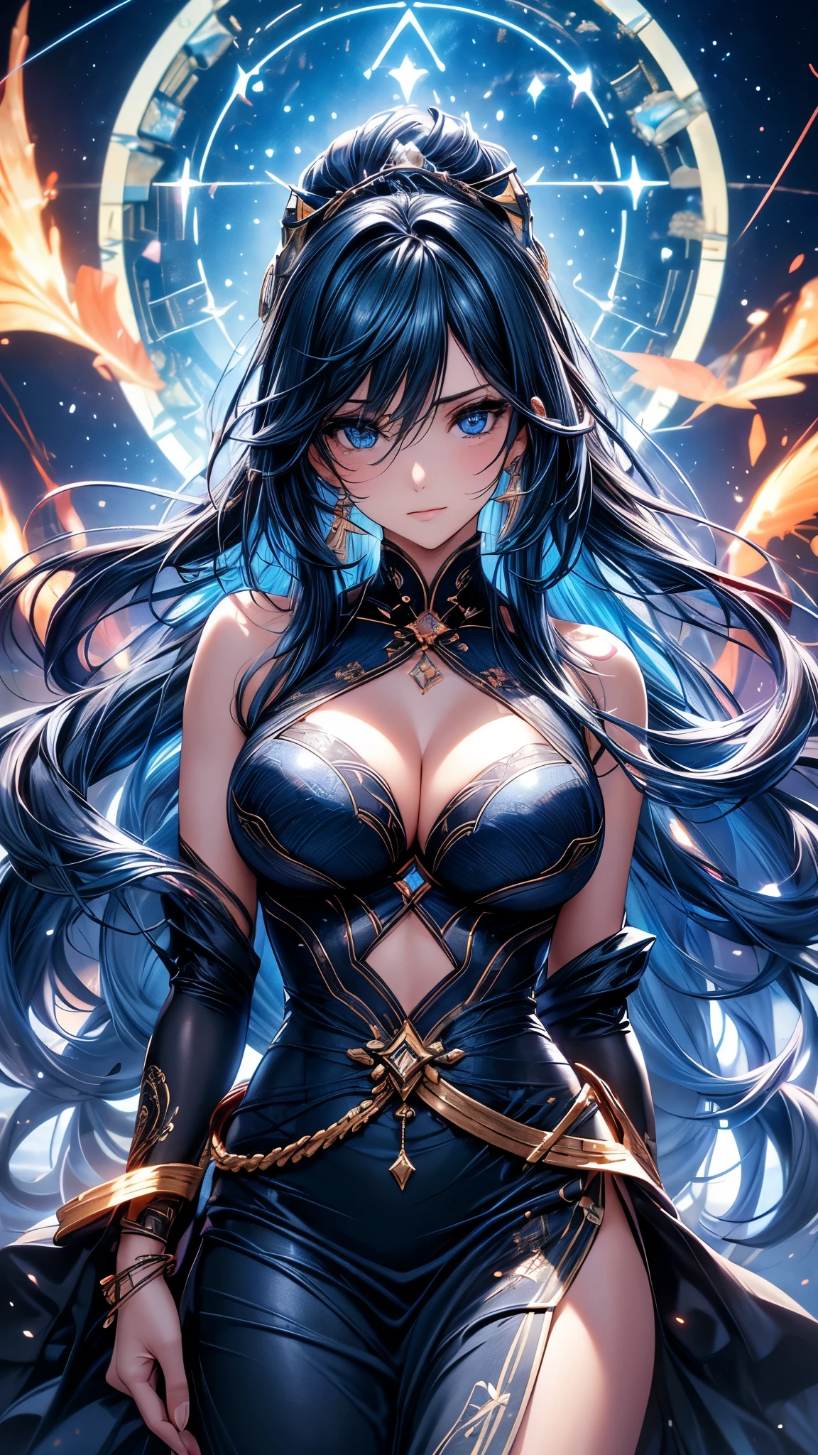 ( absurd , high quality , Super detailed, Be careful with your hands )Constellation-Sagittarius Goddess , similar to latin goodness . optimistic, fair, Funny and intelligent face . reckless, ruthless, impatient, Overconfident style . Deep blue eyes (Eye details) , Dark blue hair，shining , Sheer dress , In the starry sea , whole body , Fire , Chiron, Octane Render