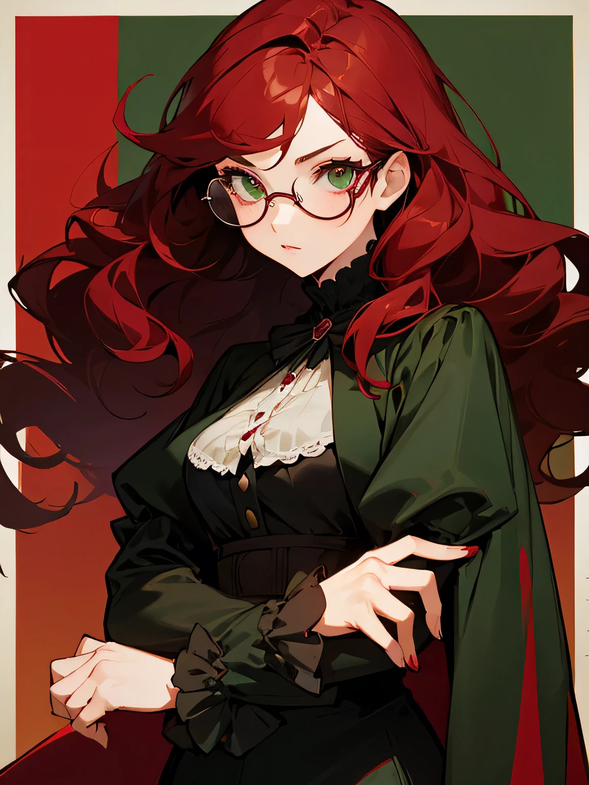 female character wavy dark red hair  and green eyes with rectangular glasses wearing a black and maroon Victorian based modern outfit