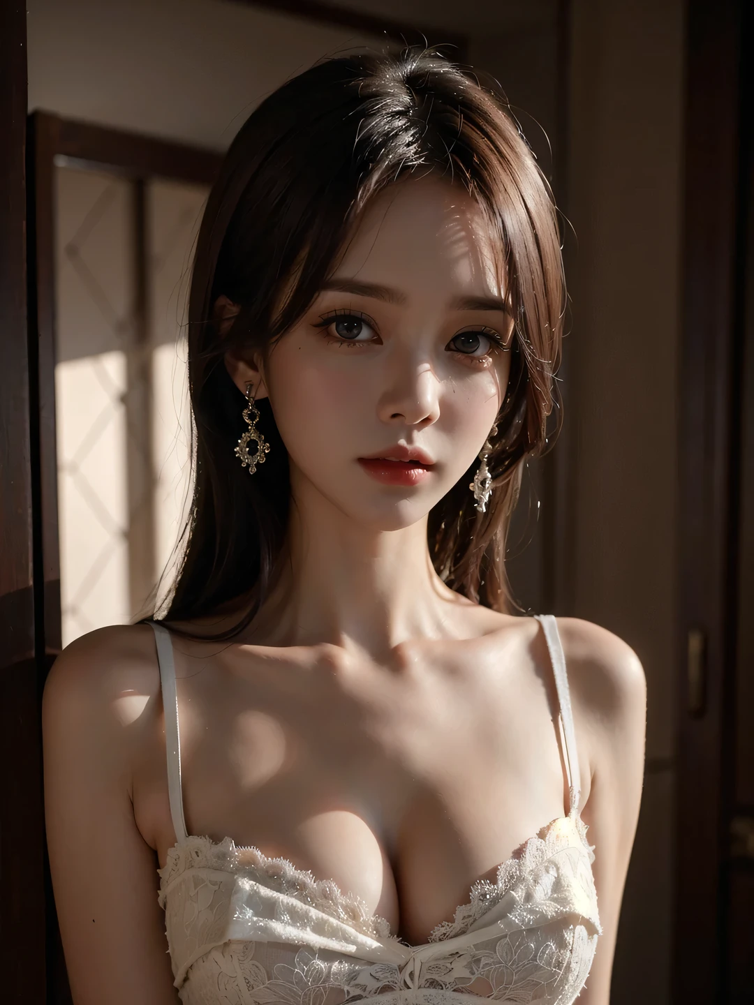 1girl, (looking at viewer:1.2), detail face, (a girl standing, rending on cgsociety,, Room backdrop), romanticism, atmospheric, (RAW photo, best quality), (realistic, photo-realistic:1.3), masterpiece, an extremely delicate and beautiful, extremely detailed, D cup,With ,Lilac tube top dress