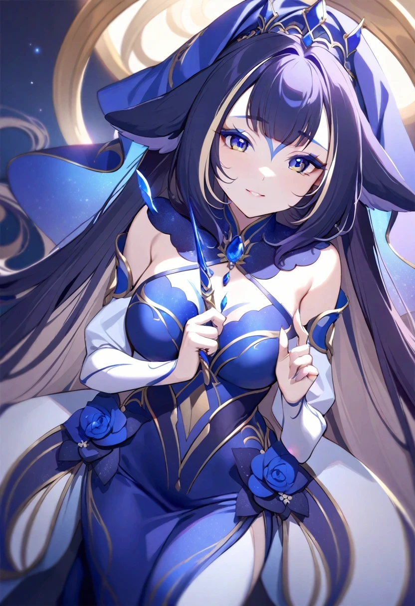 (((shylily))) ,Young woman, beautiful, (indigo hair, Long hair hime-cut), ((white eyes : 1.2)), Genshin Hutao style clothes, prayer, Wizard, Magic circle