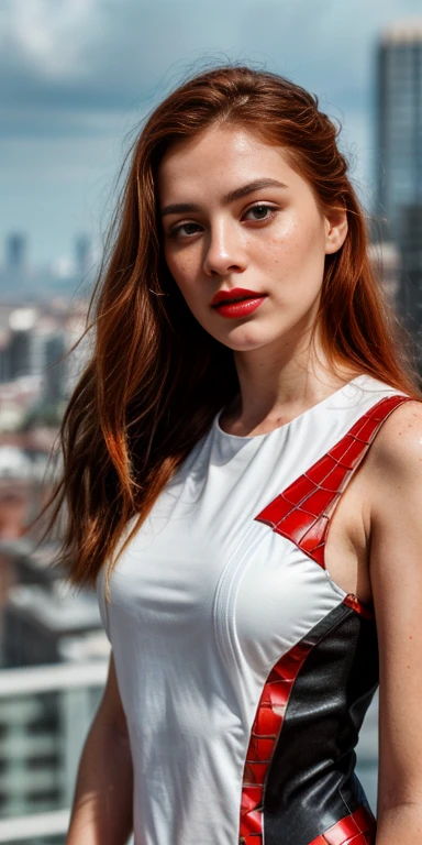 16k, HDR, RTX, photorealistic, ((1 beautiful redhead woman with small freckles on her cheeks, cute, lips, red lipstick, long hair)), looking at viewer, makeup, nose, realistic, (completely body), ((redhead woman with freckles)), raw photo,studio_shot,uhd, dslr, soft lighting, high quality, film grain, cute, lips, long hair, looking at viewer, makeup, nose, realistic, (complete body), raw photo, studio_shot, soft lighting, high quality, film grain,(1girl:1.3), Solo, (((Very detailed face)))), ((Very detailed eyes and face)))), Beautiful detail eyes, Body parts__, Official art, Unified 8k wallpaper, Super detailed, beautiful and beautiful, beautiful, masterpiece, best quality, original, masterpiece, super fine photo, best quality, super high resolution, realistic realism, sunlight, full body portrait, amazing beauty, dynamic pose, delicate face, vibrant eyes, (from the front), She wears Spider-Man suit, red and black color scheme, spider, very detailed city roof background, rooftop, overlooking the city, detailed face, detailed complex busy background, messy, gorgeous, highly detailed skin, realistic skin details, visible pores, clear focus, volumetric fog, DSLR, high quality, film grain, fair skin, photo realism, lomography, futuristic dystopian megalopolis, translucent