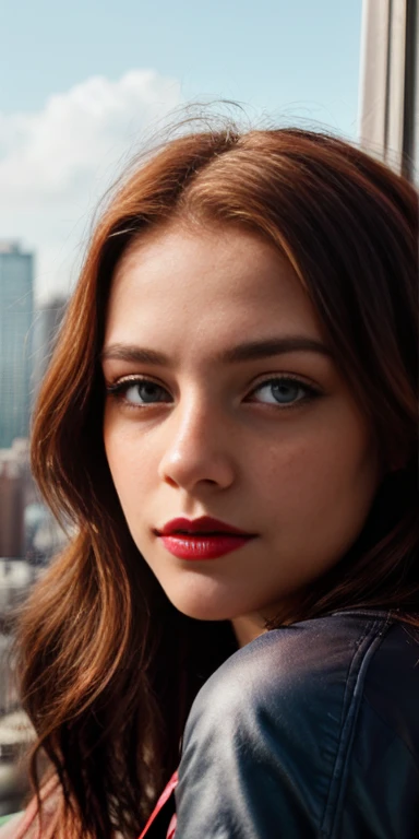 16k, HDR, RTX, photorealistic, ((1 beautiful redhead woman with small freckles on her cheeks, cute, lips, red lipstick, long hair)), looking at viewer, makeup, nose, realistic, (completely body), ((redhead woman with freckles)), raw photo,studio_shot,uhd, dslr, soft lighting, high quality, film grain, cute, lips, long hair, looking at viewer, makeup, nose, realistic, (complete body), raw photo, studio_shot, soft lighting, high quality, film grain,(1girl:1.3), Solo, (((Very detailed face)))), ((Very detailed eyes and face)))), Beautiful detail eyes, Body parts__, Official art, Unified 8k wallpaper, Super detailed, beautiful and beautiful, beautiful, masterpiece, best quality, original, masterpiece, super fine photo, best quality, super high resolution, realistic realism, sunlight, full body portrait, amazing beauty, dynamic pose, delicate face, vibrant eyes, (from the front), She wears Spider-Man suit, red and black color scheme, spider, very detailed city roof background, rooftop, overlooking the city, detailed face, detailed complex busy background, messy, gorgeous, highly detailed skin, realistic skin details, visible pores, clear focus, volumetric fog, DSLR, high quality, film grain, fair skin, photo realism, lomography, futuristic dystopian megalopolis, translucent