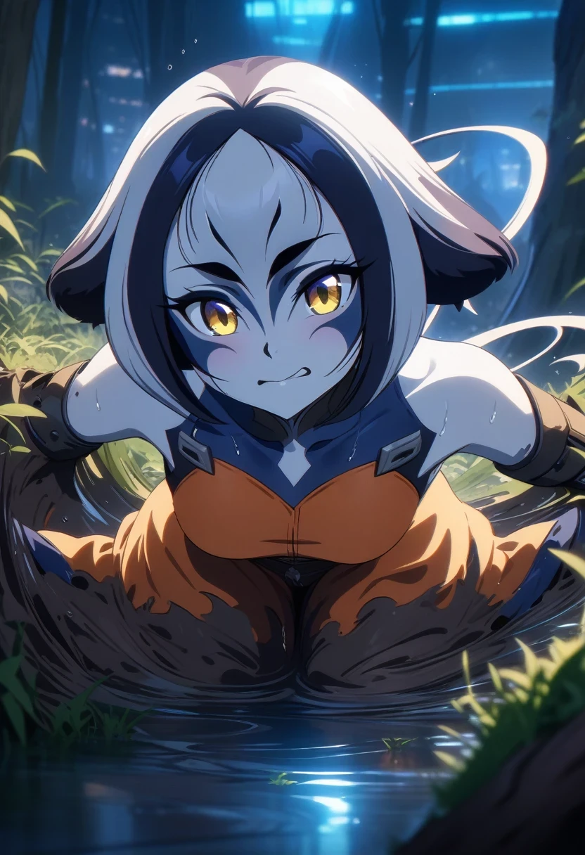 (shylily/(Twich/):1.5),(masterpiece:1.2),(best quality:1.2),(best quality, 8k, High resolution, masterpiece:1.2), Super detailed, Smooth rendering, precise composition, triangle formation, Double ponytail, Yellow eyes, White skin, 16 year old anime style western girl, Wearing a cyberpunk style orange vest and metallic boots, landscape in background, Full body depiction, splatter art style, struggling in muddy swamp, Legs stuck in the mud, Dark brown swamp, at night, An expression of despair.