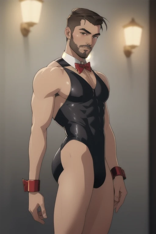 (BDBUNNY, BLACK LEOTARD, RED LEOTARD, BOW TIE, WRIST CUFFS), bulge, (STANDING, COWBOY SHOT, muscular male, beard, white skin, pale skin, DARKNESS), (solo male, bara, mature, short hair, stubble), handsome, solo male, male focus, cinematic lighting, realistic,