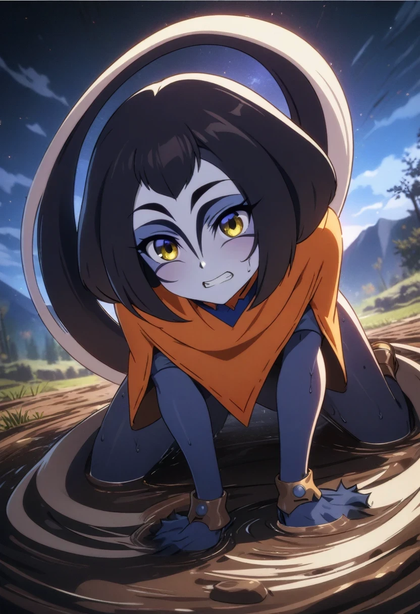 (shylily/(Twich/):1.5),(masterpiece:1.2),(best quality:1.2),(best quality, 8k, High resolution, masterpiece:1.2), Super detailed, Smooth rendering, precise composition, triangle formation, Double ponytail, Yellow eyes, White skin, 16 year old anime style western girl, Wearing a cyberpunk style orange vest and metallic boots, landscape in background, Full body depiction, splatter art style, struggling in muddy swamp, Legs stuck in the mud, Dark brown swamp, at night, An expression of despair.