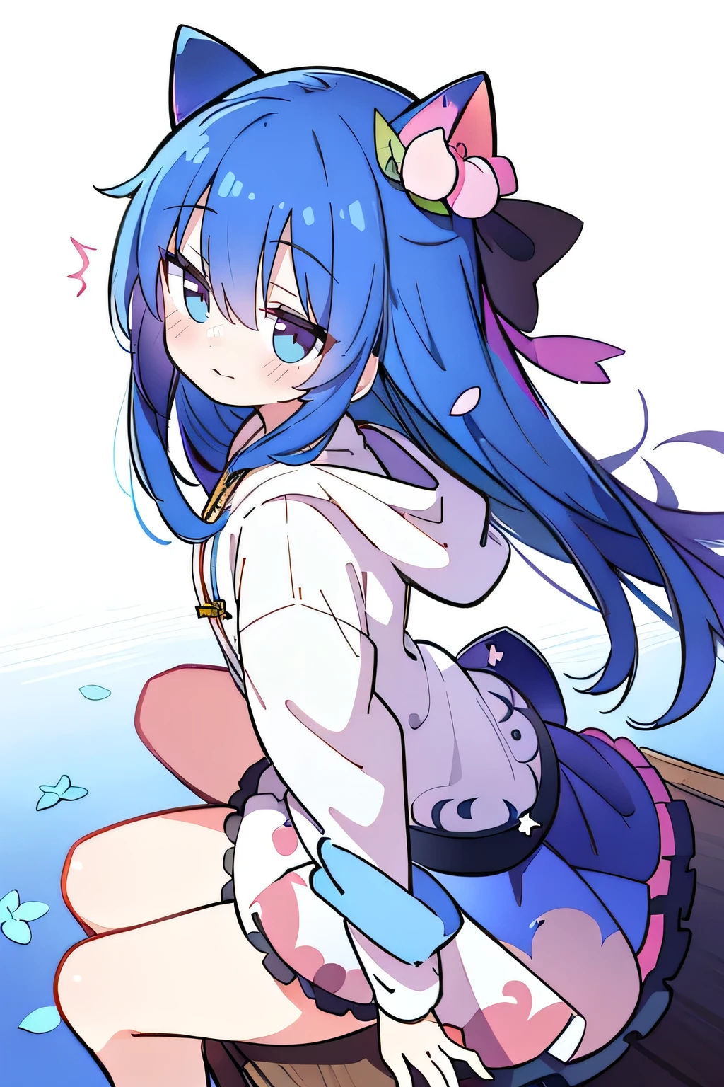 （masterpiece：1.2），Super detailed，lifelike，Expressive eyes，fair skin，perfect face shape，1 girl，
Japanese comics,Gorgeous blue hair,flowing blue hair,flowing clothes,Cat ears,Petals fall,beautiful lola,Baby Angel,
Shaking head with one hand，Cross your legs，Gentle and peaceful background，The pavilion is cool and comfortable,smile, wearing hoodie, background of tokyo,back views,snowing, winter.