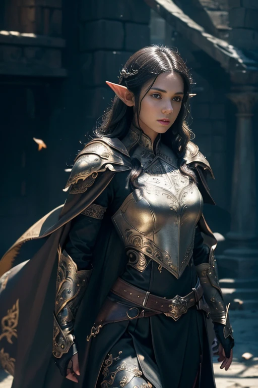 (master piece:1.5), (best quality:1.5), (exquisite lighting and shadow, highly dramatic picture, cinematic lens effect) (Photorealistic picture) highly detailed, realistic, cinematic lighting, studio quality, 8k, wallpaper, dynamic pose, anatomy correct, epic fantasy digital art, Epic composition, full body thin black hair pale white skin female elf wizard wearing a light yellow leather armor, black intricate elaborated tunic with leaf accents, brown leather gauntlets, no helmet, long brown cape, white castle at the distance, cute face