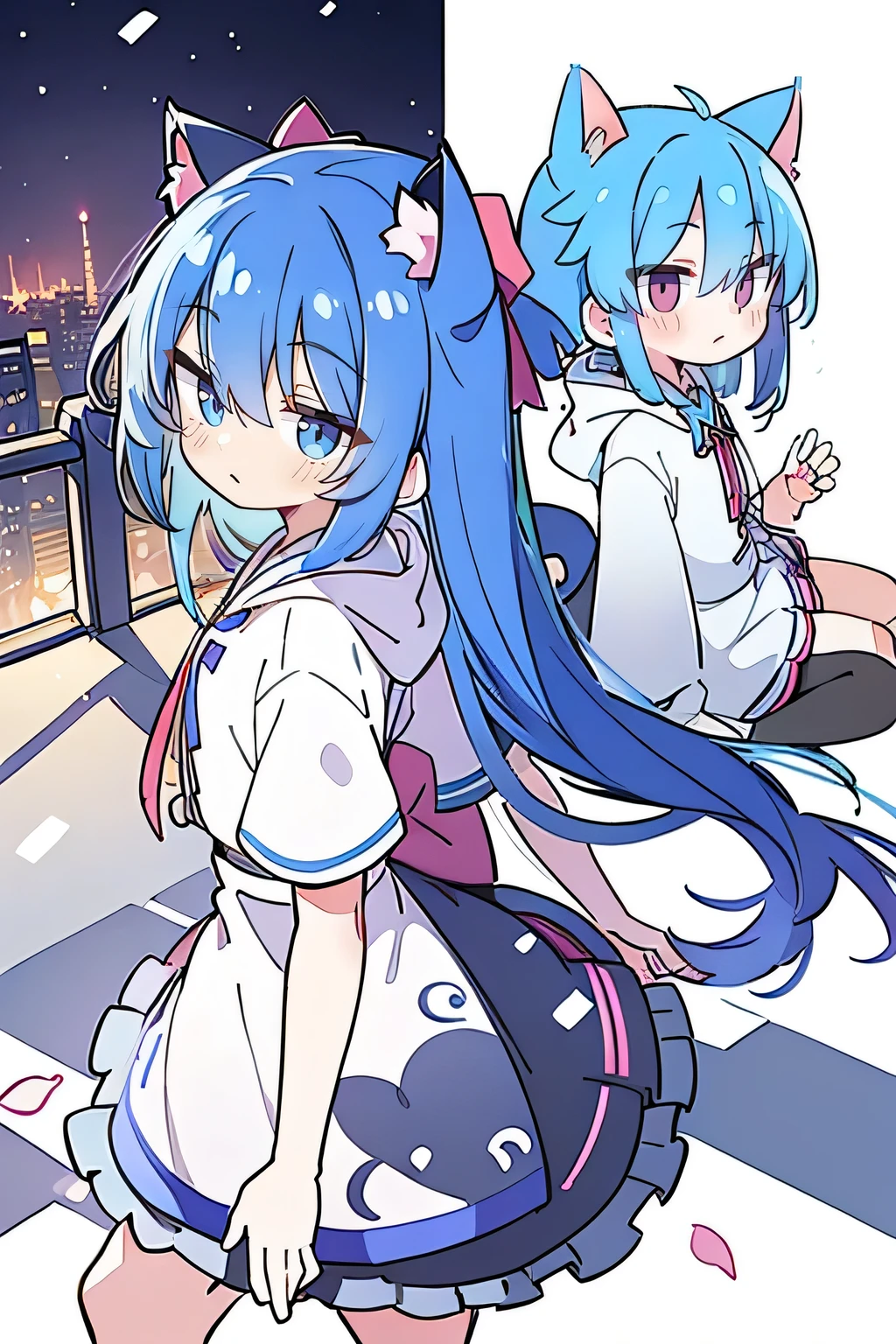 （masterpiece：1.2），Super detailed，lifelike，Expressive eyes，fair skin，perfect face shape，1 girl，
Japanese comics,Gorgeous blue hair,flowing blue hair,flowing clothes,Cat ears,Petals fall,beautiful lola,Baby Angel,
Shaking head with one hand，Cross your legs，Gentle and peaceful background，The pavilion is cool and comfortable,smile, wearing hoodie, background of tokyo,back views,snowing, winter.