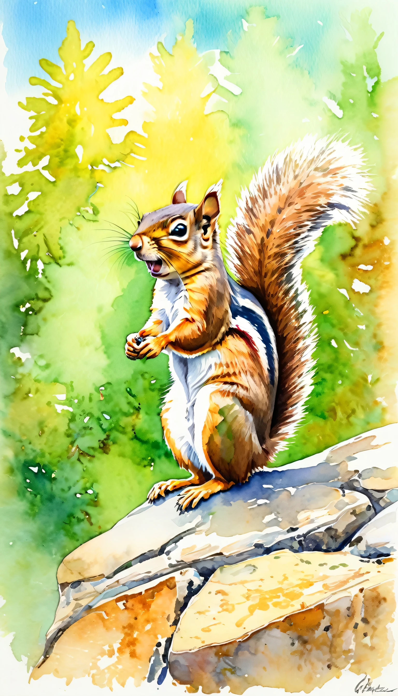 funny squirrel with his mouth full begging for food, perched on a rock outdoors, chipmunk, no_humans, animal_focus, animal, modern art, painting, drawing, watercolor, psychedelic colors