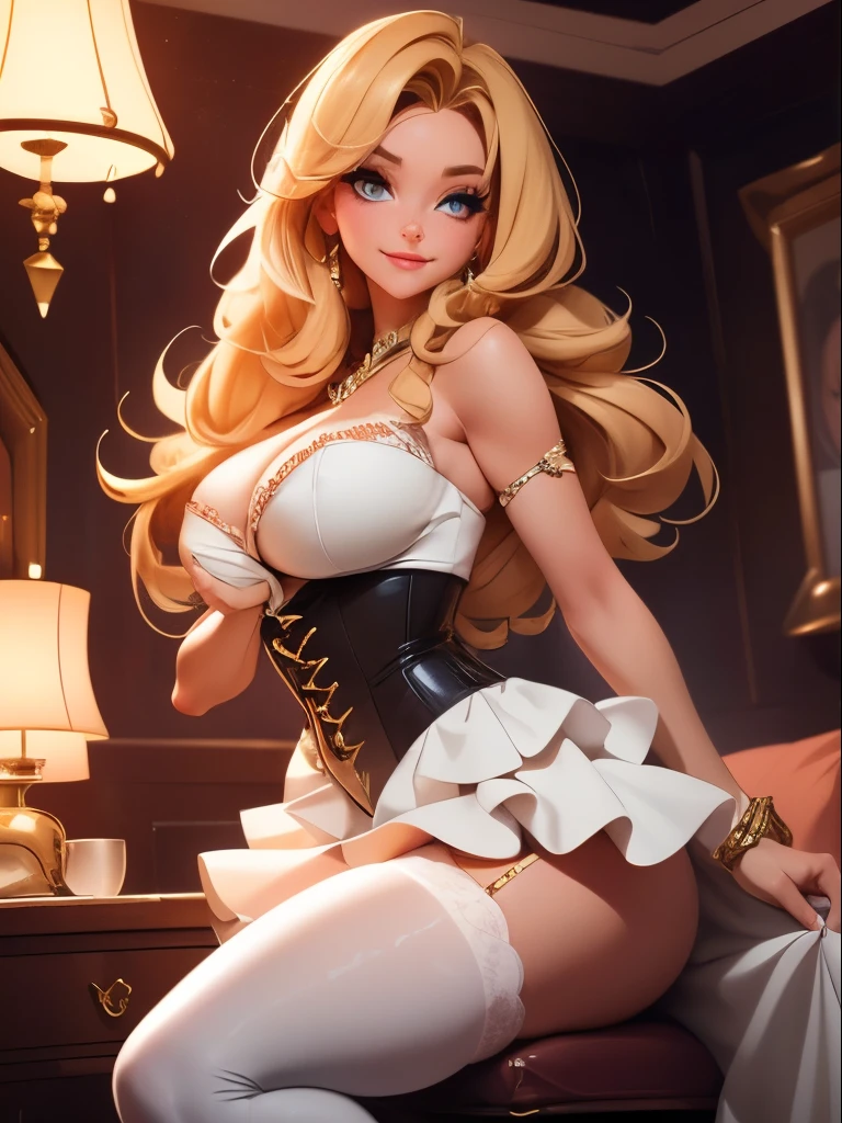 Anime, a glamour shot of a smiling MILF, big breasts, big ass, Standing demurely with her legs crossed in a bedroom, long sexy legs, leaning toward the viewer, with Smokey eyes and knowing smile wearing a white corset, white lace stockings, insanely detailed face and eyes, intricate, hyper-detailed bedroom, digital illustration, masterpiece, beautiful eyes, atmospheric lighting, centered, perfect anatomy, glowing eyes, candid portrait, clear, very detailed, smooth, sharp focus, focused on the viewer,