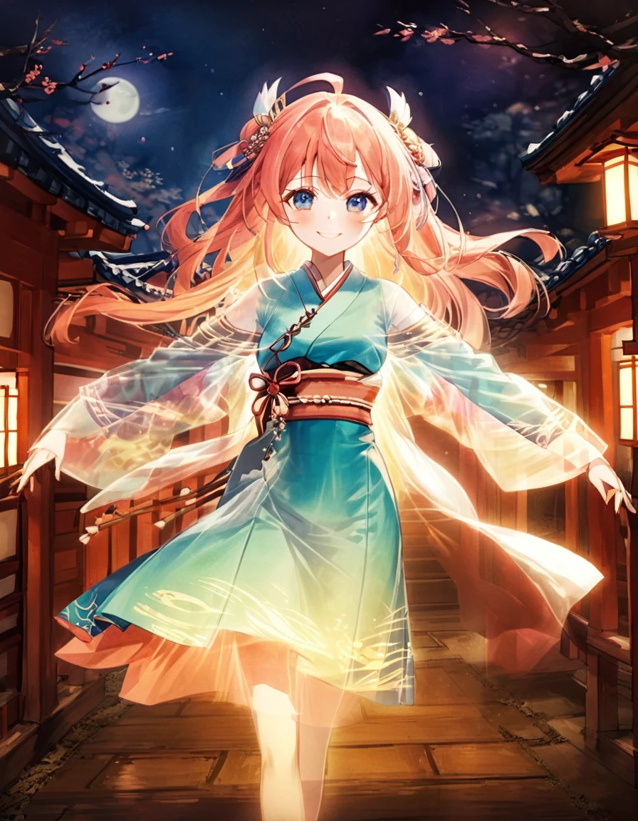 Edo period, old Japan, Dufaycolor photograph. Vintage color palette, distinctive color rendering, soft and dreamy atmosphere, historical charm, unique color process, grainy texture, evocative mood, nostalgic aesthetic, hand-tinted appearance, artistic patina. kawaii, cute, stunning art, close up face, smile, The yokai Furi-Furi Obake is adorned in fluttering, frilly garments, floating softly in the air. Its form is as graceful as if performing a light dance, playfully swaying the air around it. This spirit captivates people with its mysterious allure, adding color to the darkness of the night, in-depth study of perfection, created by a master. best quality, high resolution