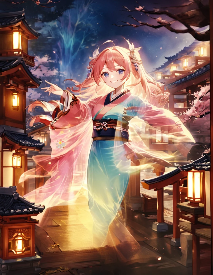 Edo period, old Japan, Dufaycolor photograph. Vintage color palette, distinctive color rendering, soft and dreamy atmosphere, historical charm, unique color process, grainy texture, evocative mood, nostalgic aesthetic, hand-tinted appearance, artistic patina. kawaii, cute, stunning art, close up face, smile, The yokai Furi-Furi Obake is adorned in fluttering, frilly garments, floating softly in the air. Its form is as graceful as if performing a light dance, playfully swaying the air around it. This spirit captivates people with its mysterious allure, adding color to the darkness of the night, in-depth study of perfection, created by a master. best quality, high resolution