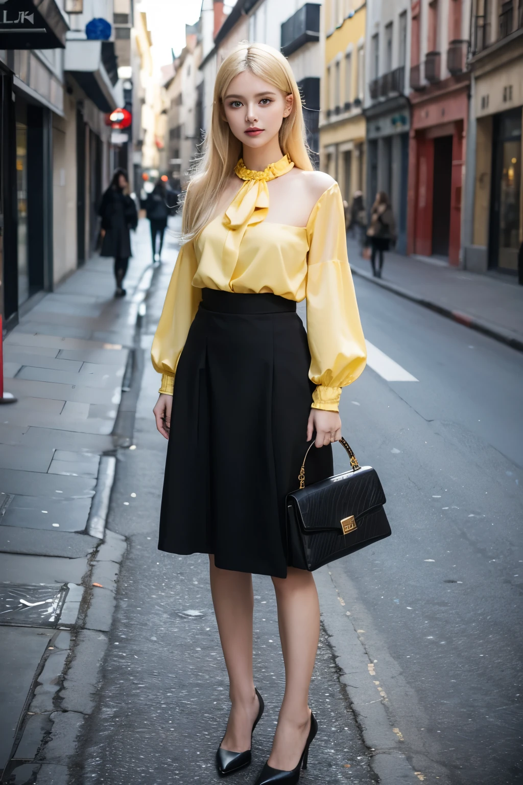 Young woman, European type, blonde in a colored blouse, black skirt, 25 years, standing on the street of the city